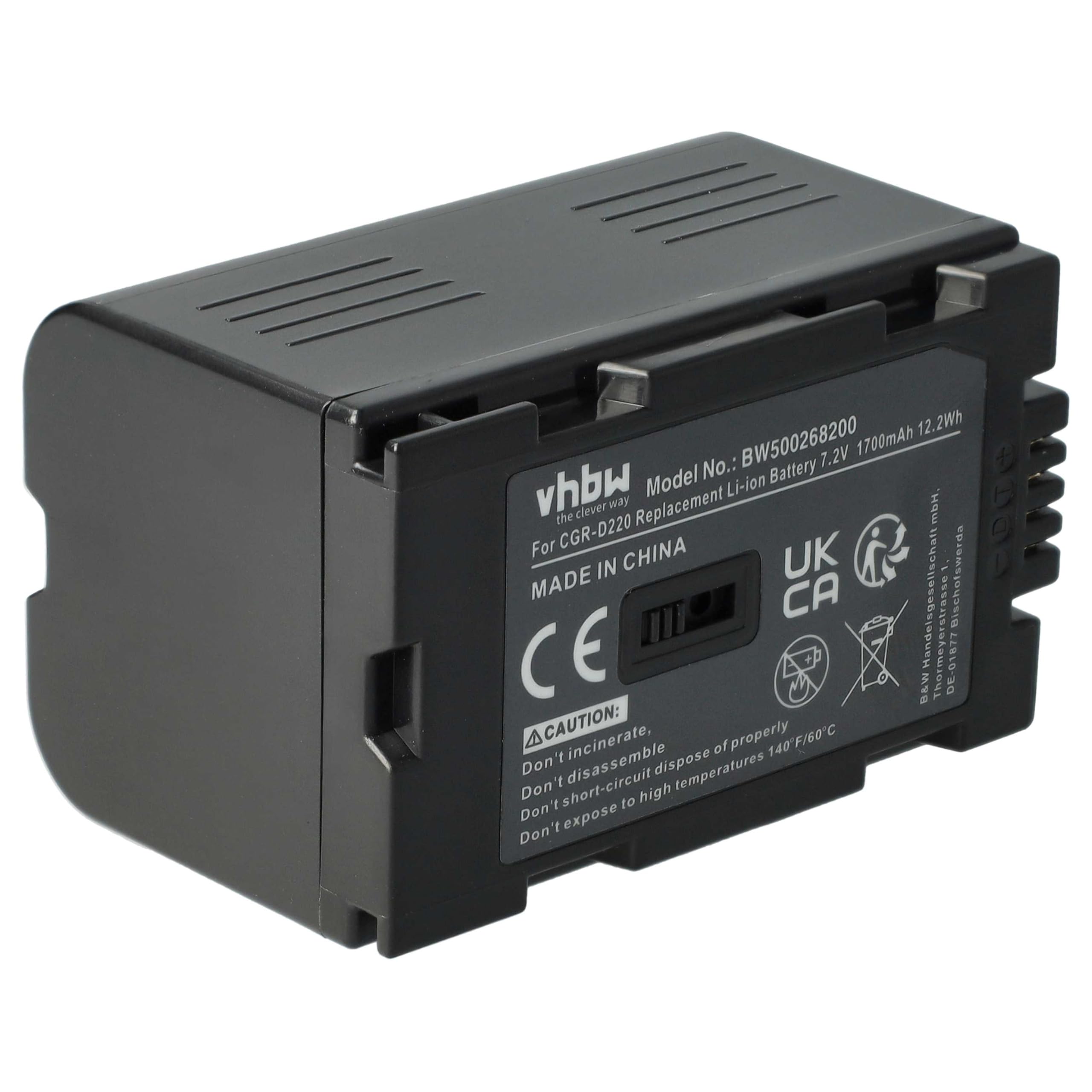 vhbw 1x batteria sostituisce Panasonic CGP-D320E/1B, CGR-D08, CGR-D08A, CGR-D110, CGR-D120 per videocamera camcorder (1700mAh, 7,2V, Li-Ion)