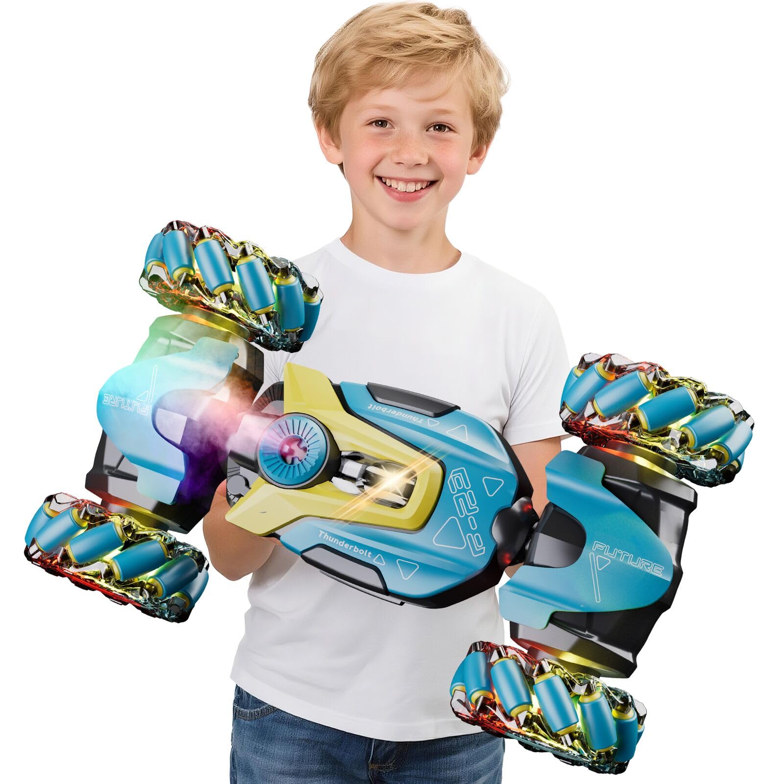 4DRC Voiture acrobatique pour Enfants 6-12 Ans, 2.4 GHz 4x4, capteur gestes, Fonction Torsion, lumières, Jets, Musique, Rot. 360°, 2 Piles rech. — Jouet Tout-Terrain, Cadeau garçons & Filles