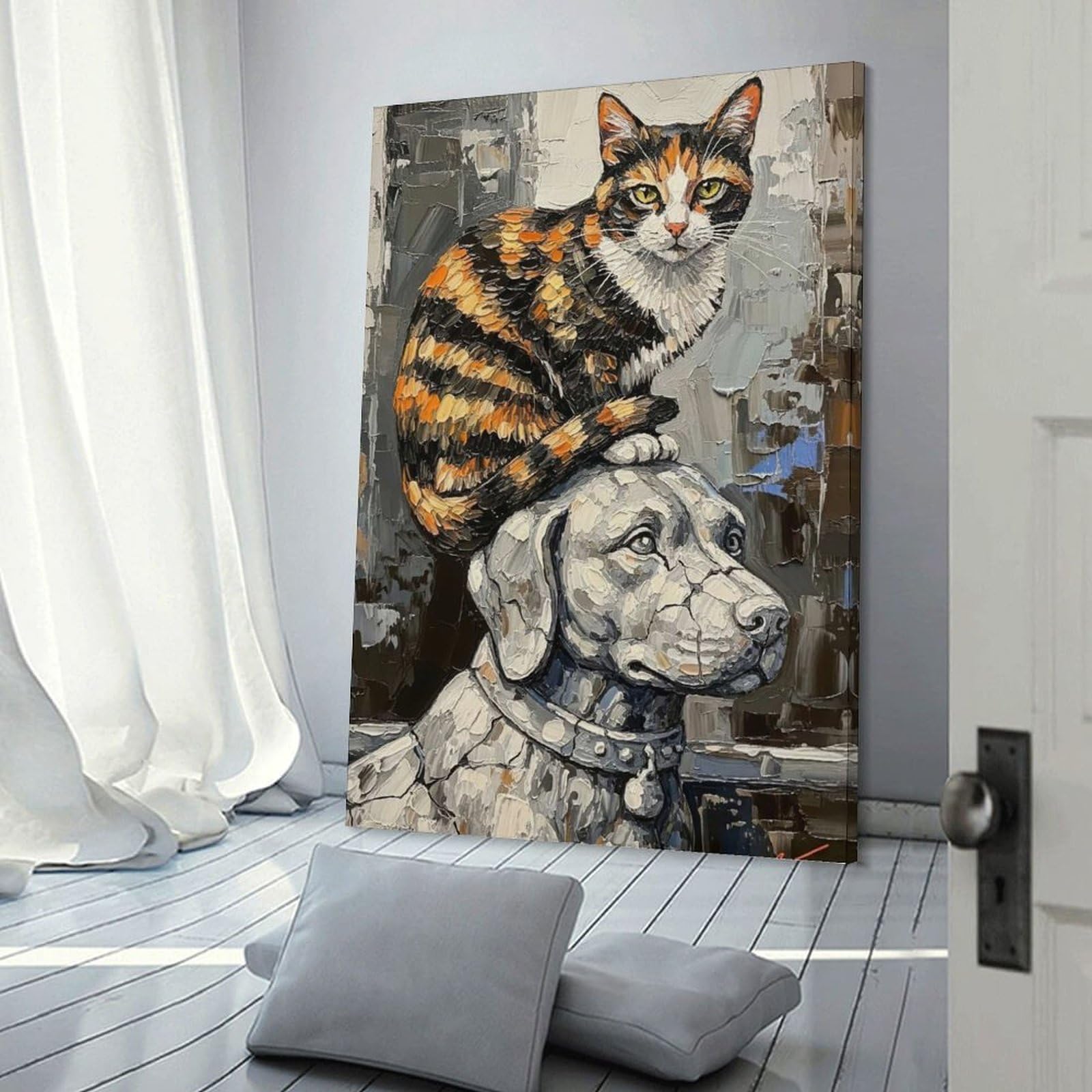 Junmoney Frame-Style-4-1 Cat On Dog Sculpture Painting Canvas Art Print 24X36inch(60X90cm), For Calm Bedrooms, Home Corners Or Flats, An Easy Wall Refresh For Bedrooms