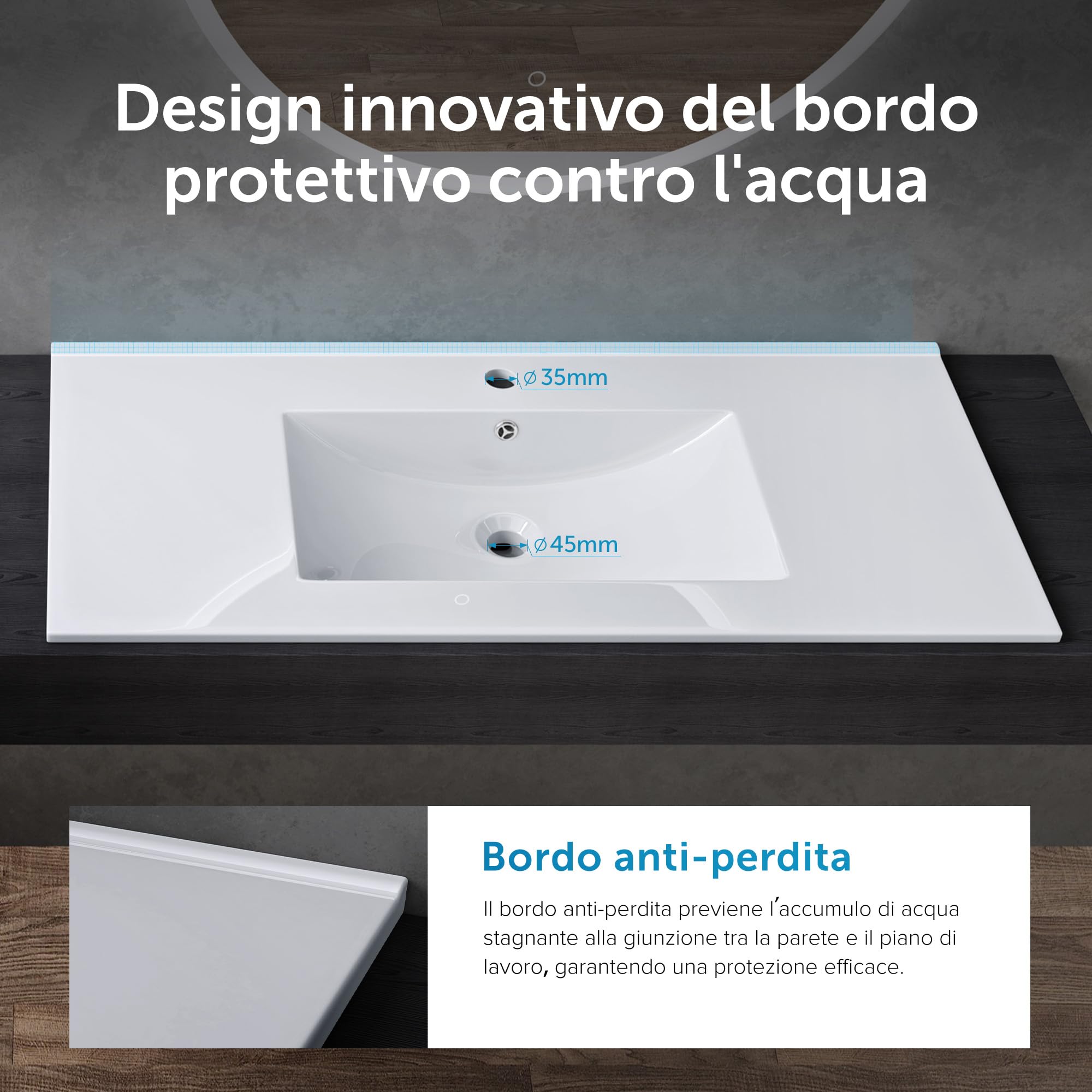 doporro Lavabo da Incasso Rettangolare 80 cm in Ceramica Bianco Lucido, Lavandino Integrato con Foro Rubinetto, Installazione su Mensola o Mobile Bagno Brüssel912