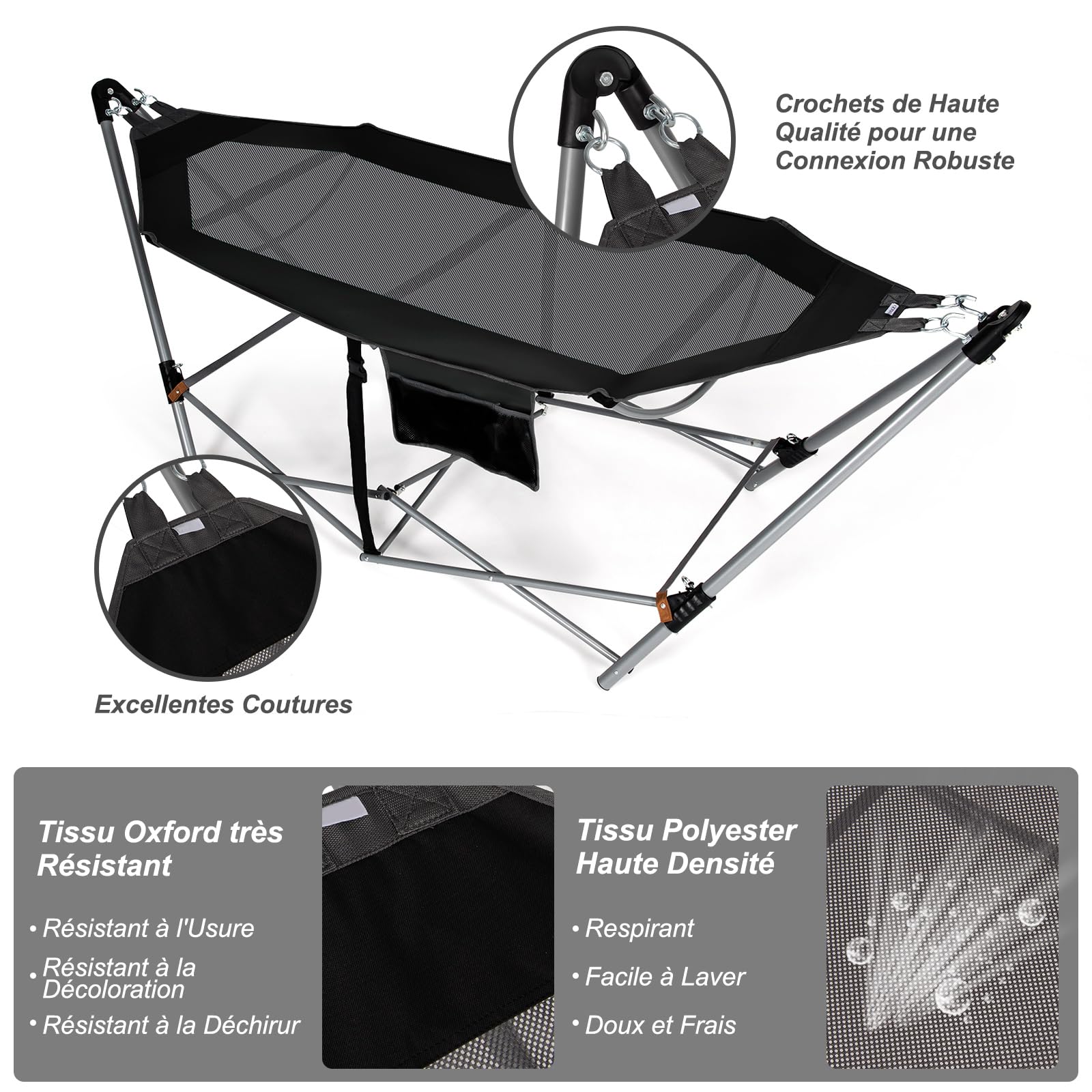 COSTWAY Hamac sur Pied, Hamac Pliant avec Support Métallique et en Tissu d’Oxford, Poche Latérale et Boucles Anti-Basculement, pour Porche, Patio, Jardin, Charge 150KG, 227 x 82 x 89CM