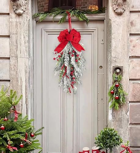 Miniatura 6 de Guirnalda Navideña en Forma de Lágrima Preiluminada de 28 pulgadas, Decorada con Ramas de Pino Artificial Nevadas, Bayas Rojas, Lazo con Alambre,