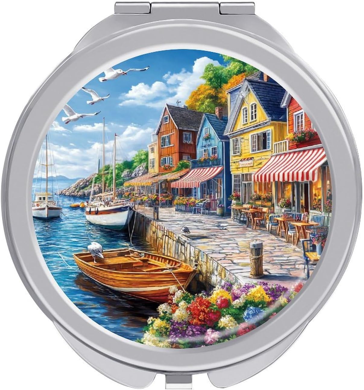 Colorful Coastal Town Compact Makeup Mirror Mini Foldable Cosmetic Mirror Portable Travel Mirror for Purse Pocket
