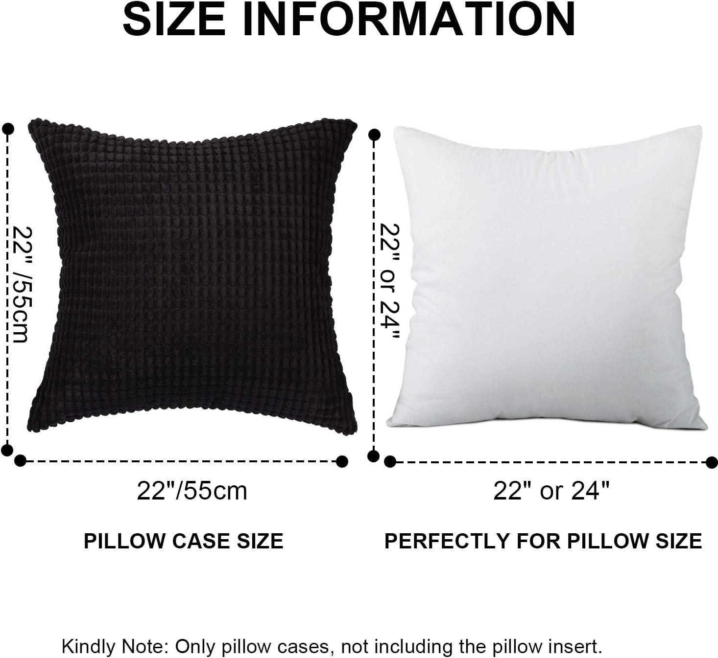Set of 2,Decorative Throw Pillow Covers 22" x 22" (No Insert),Solid Cozy Corduroy Corn Square Pillow Case Cover Shams,Soft Velvet Large Cushion Covers with Hidden Zipper for Couch/Sofa/Bed,Black