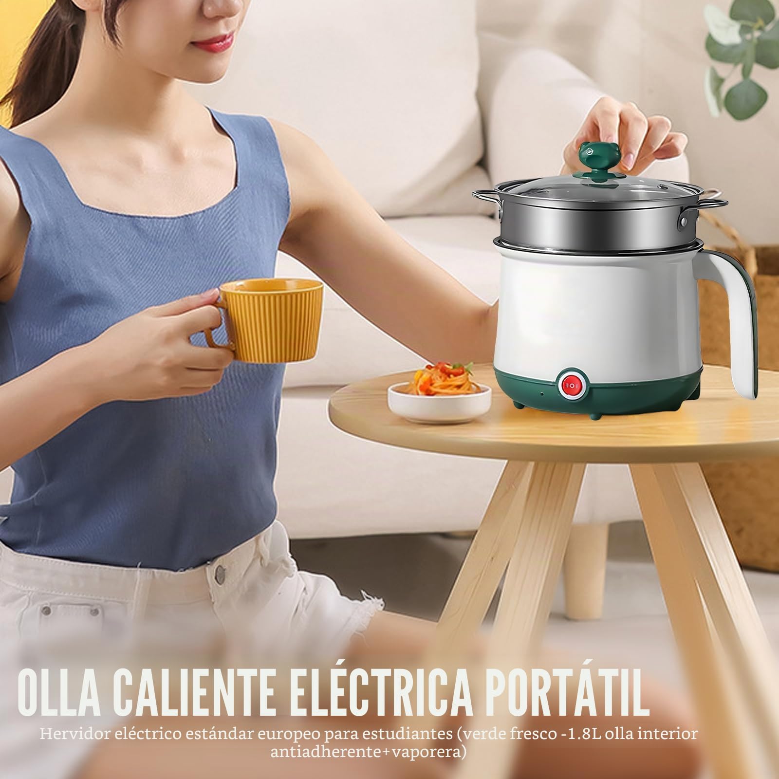 Olla Eléctrica, 1.8 L Olla Caliente Eléctrica Y Vaporizador, Cocina Eléctrica De Pasta, Mini Olla Antiadherente Multicocina Para Filetes, Fideos, Sopa, Huevo, Avena, Ramen, Pasta