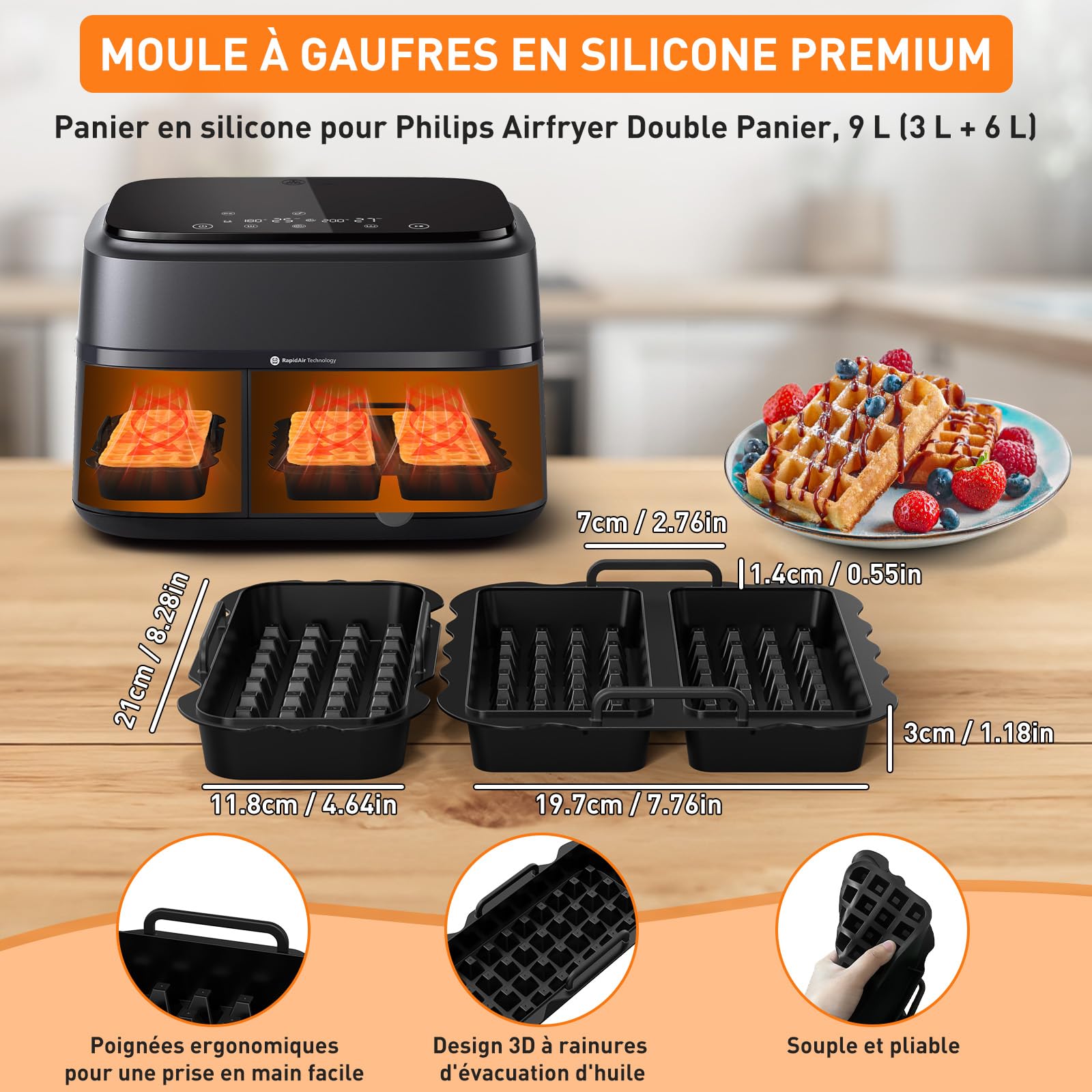 Accessoires pour Philips Dual Basket Airfryer 3000 & 5000 (9L) - Kit de 12 Pièces pour NA350/00, NA352/00, NA550/00 - Moules en Silicone (6L/3L), Grille de Cuisson, Moules à Muffins et Gaufres
