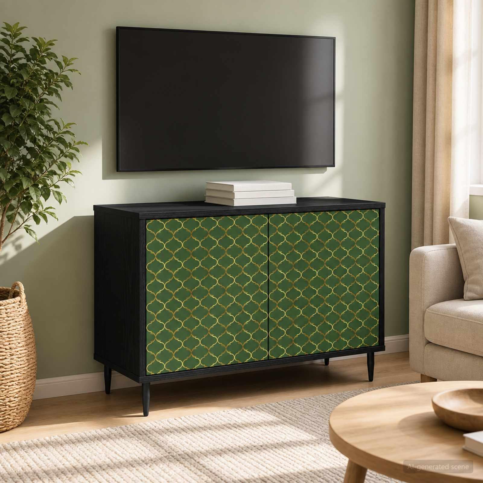 Homgoday TV-Schrank GELEEN 69x33x50,5 cm Schwarz Eichen-Optik, Holzwerkstoff, 2 Türen, Moderner Fernsehschrank mit viel Stauraum, erhöhten Füßen und dekorativem Muster, für Wohnzimmer 8007011