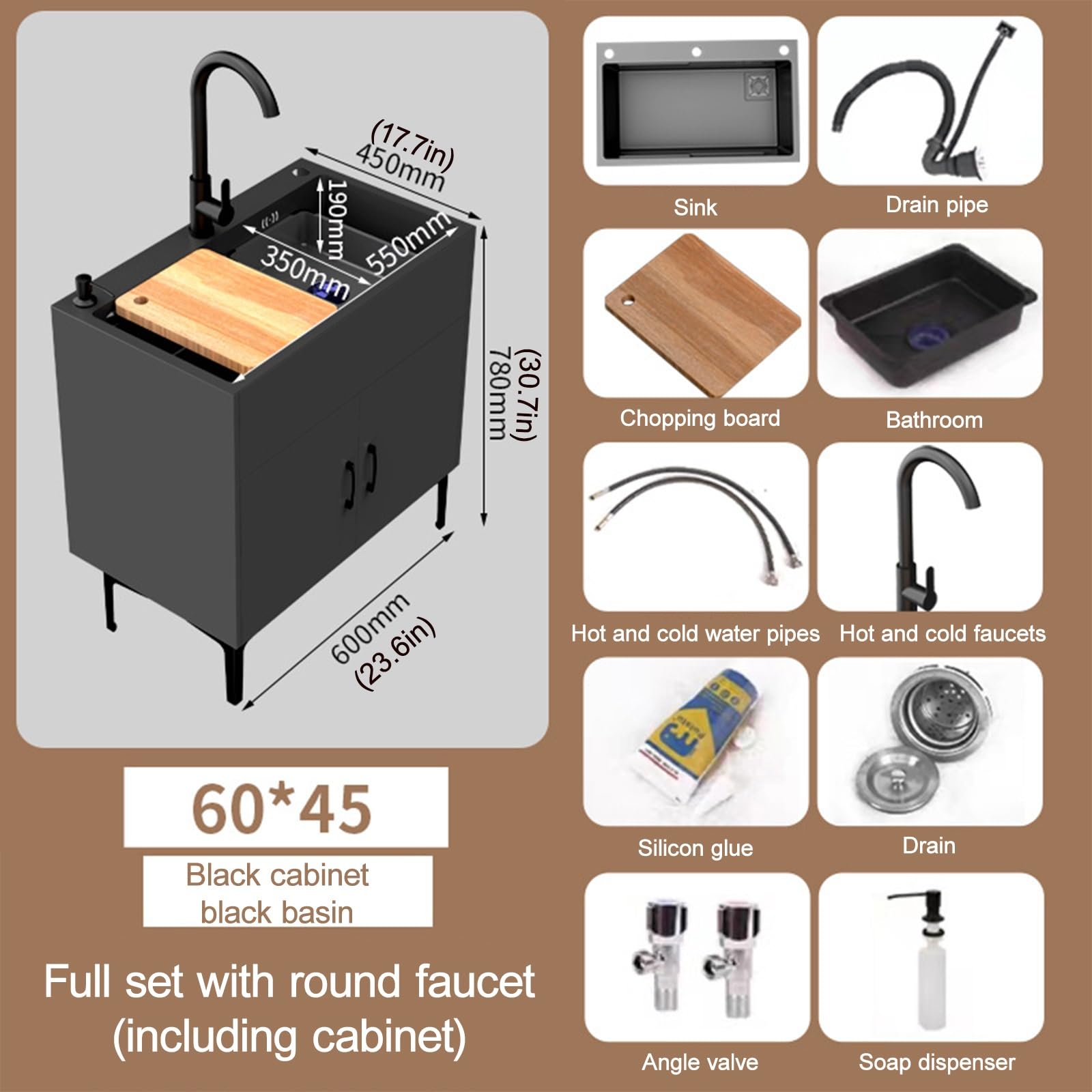 Fregadero comercial de acero inoxidable piscina individual con grifo、Fregadero independiente con mueble,Fregadero de acero inoxidable con escurridor,Fácil de limpiar,Adecuado para la cocina,Lavandería