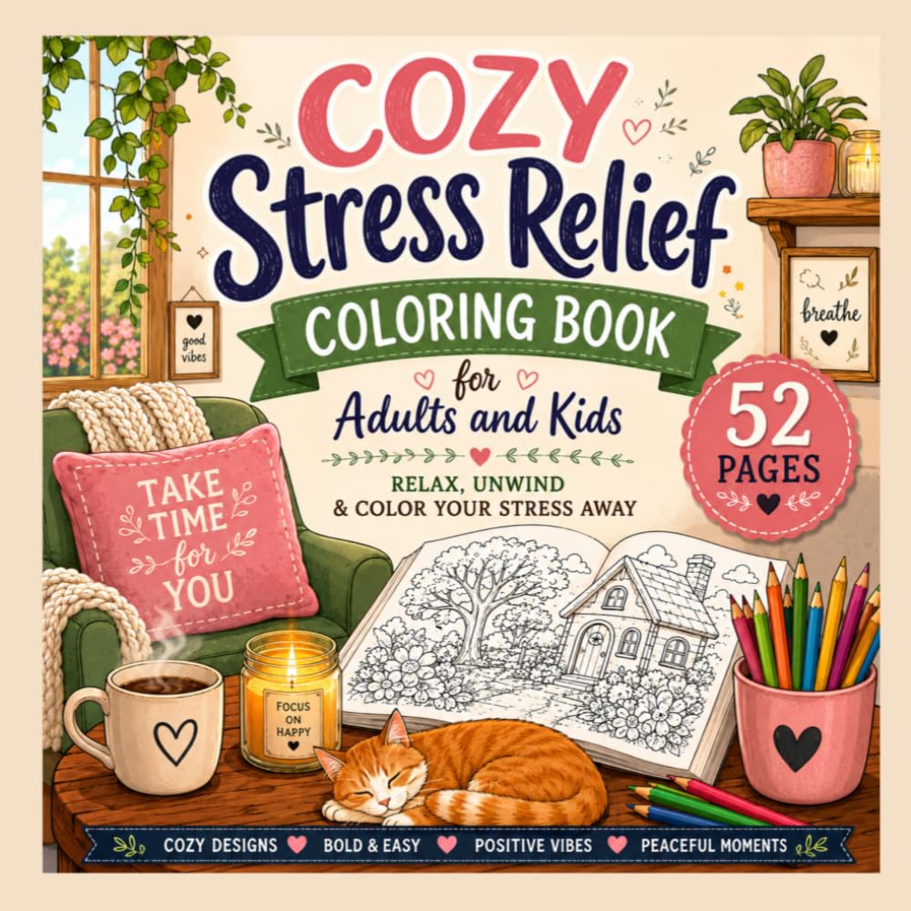 Cozy Stress Relief Coloring Book for Adults and Kids: 52 Bold and Easy Coloring Pages Featuring Cozy Homes, Cute Animals, Flowers, Mushrooms, Nature, ... and Stress Relief (Cozy Coloring Collection)