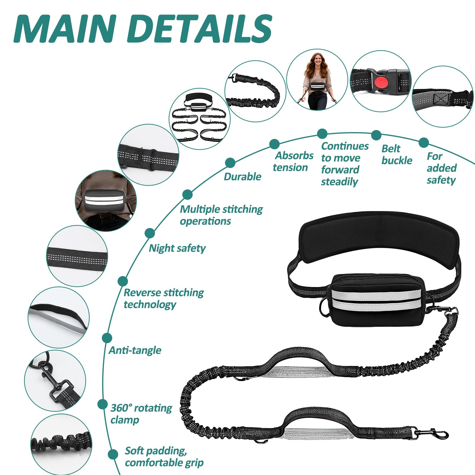 Hands Free Dog Lead for 2 Dogs, Waist Belt with Dual-Handle Shock Absorbing Leash - Image 4