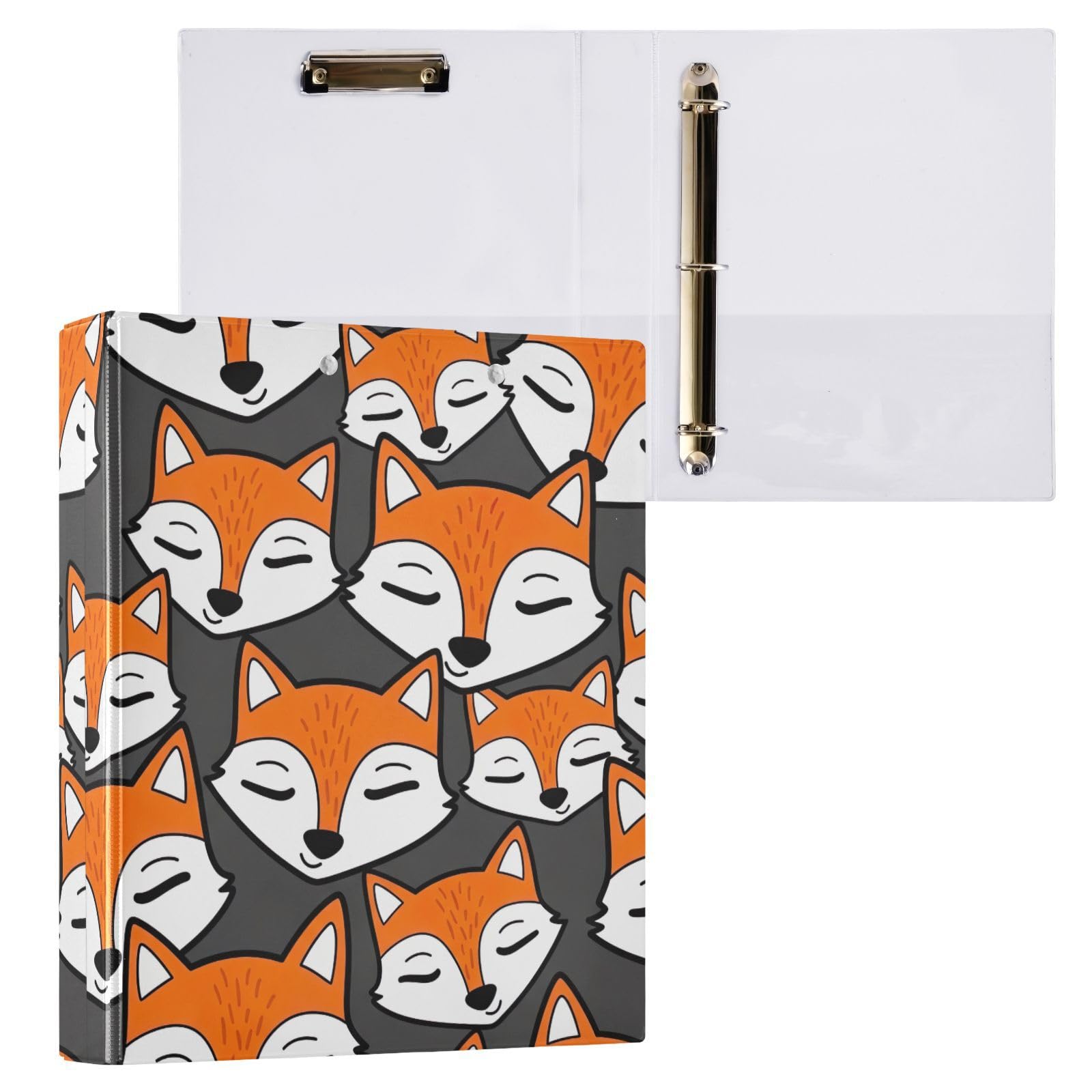 Raccoglitore a 3 anelli, motivo volpi in stile cartone animato, colore arancione, bianco, grigio, con tasche, confezione da 2