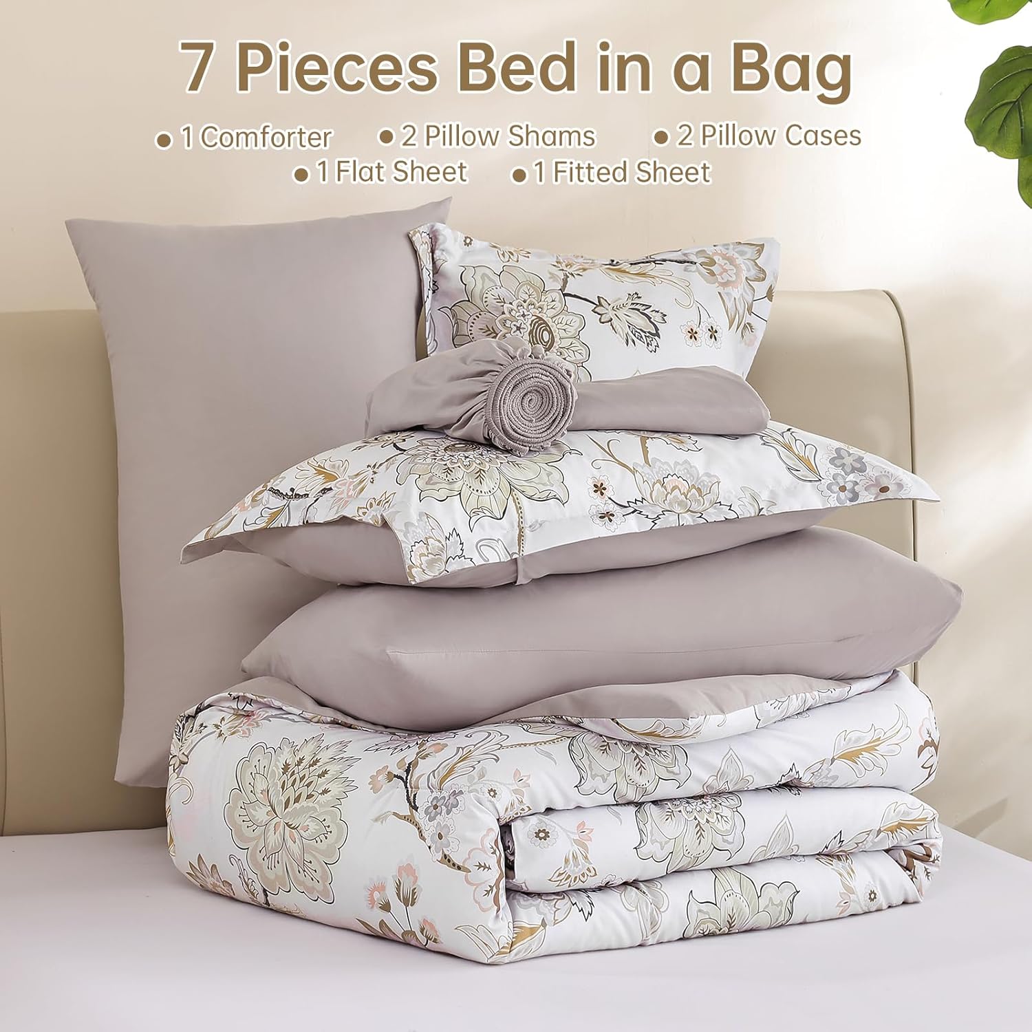 Luxudecor Floral Comforter Set King Size 7 Pieces Bed in a Bag, Beige Paisley Flower Bed Set, Soft Lightweight Comforter with Sheet Set 104"x90"