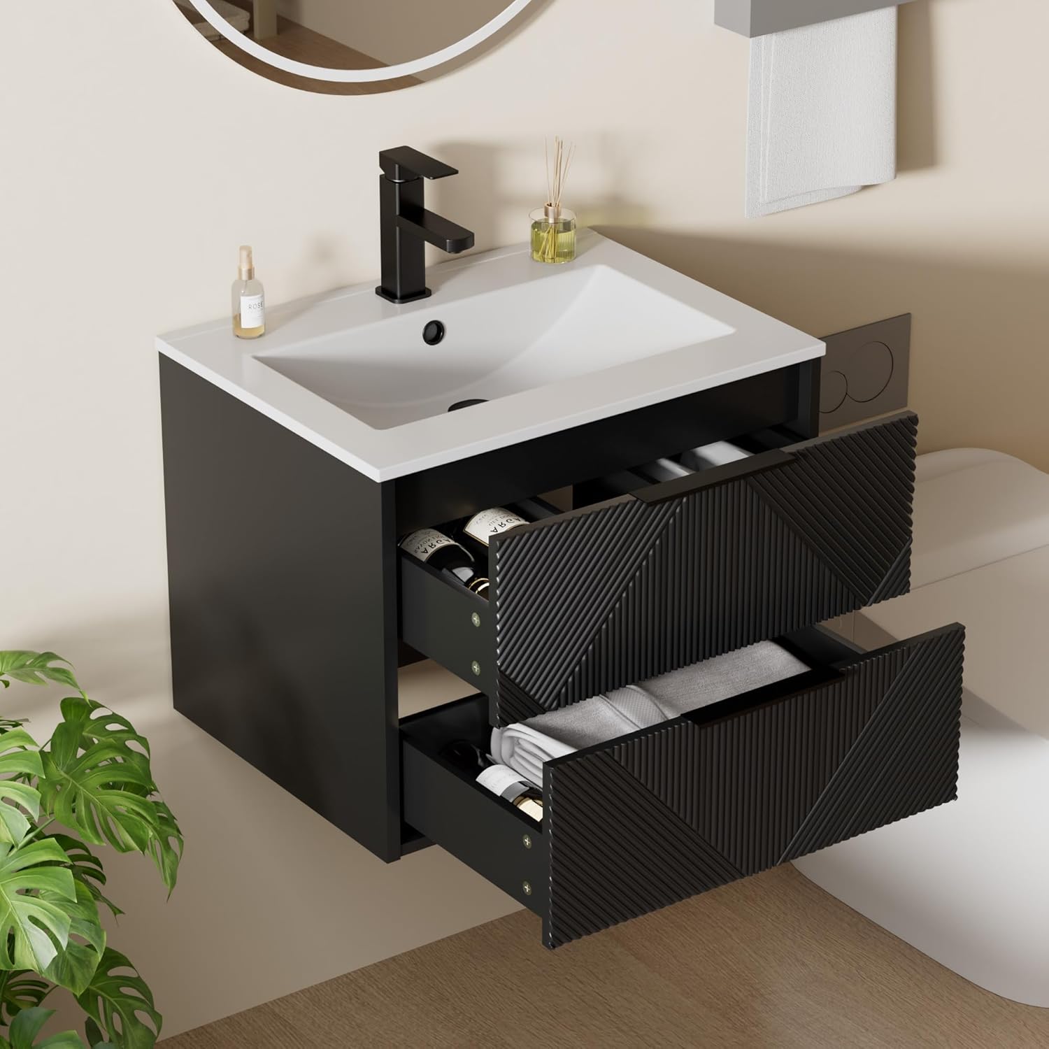 LUCKWIND 24" Floating Bathroom Vanity with Sink Combo, Wall Mounted Floating Cabinet with 2 Large Soft-Close Drawers & Water Saving Faucet, Geometric Textured Design in Black