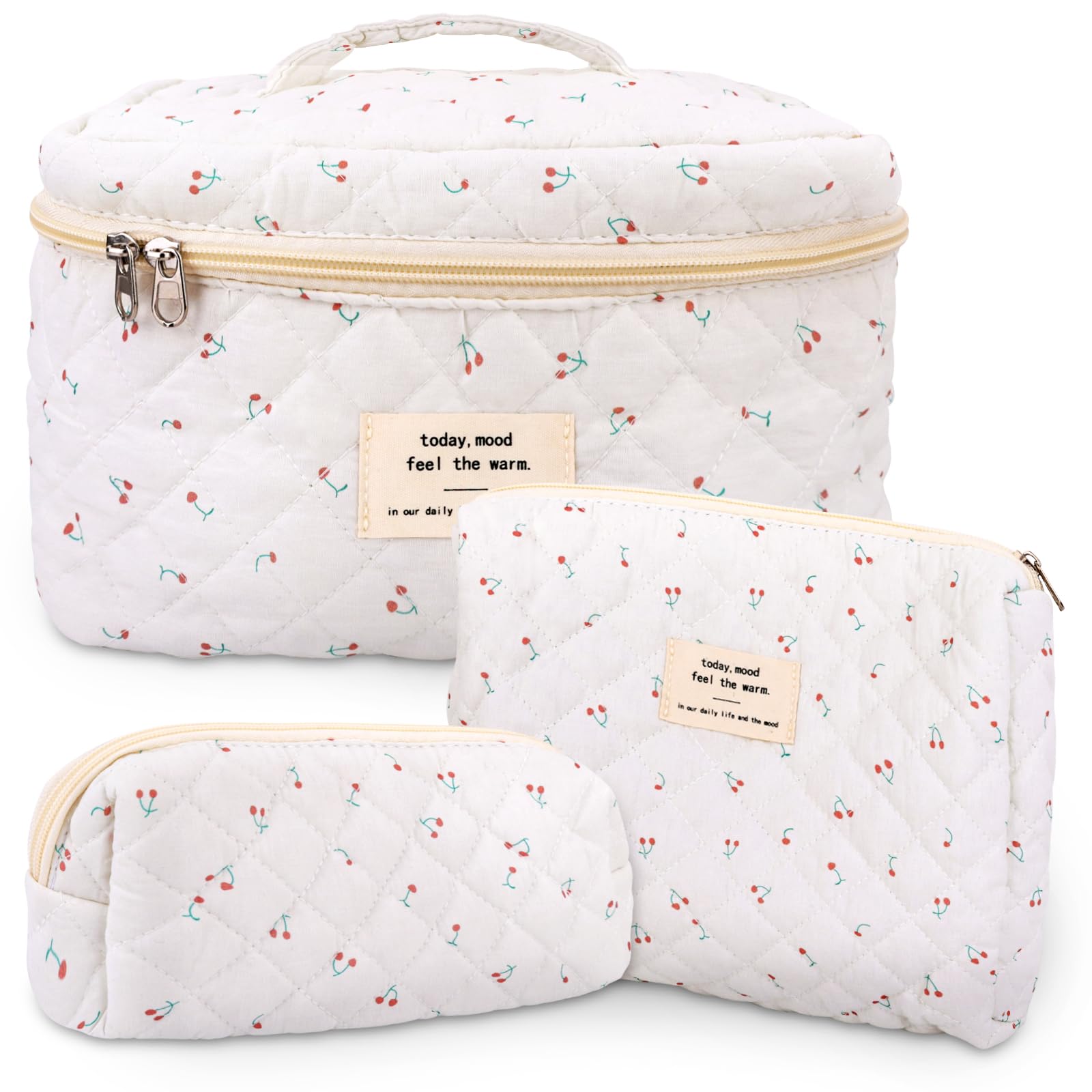 GISMTR 3Pcs Cotton Quilted Makeup Bag Large Travel Cosmetic Bag Coquette Makeup Pouch Cute Aesthetic Floral Toiletry Bag for Women Girls (cherry-B)