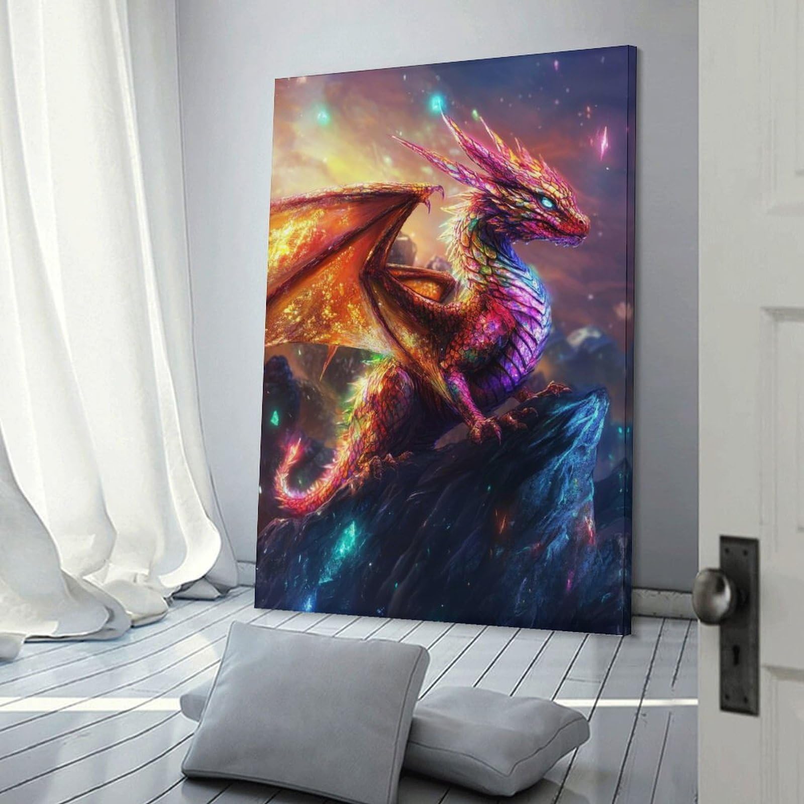 Junmoney Frame-Style-9 Dragon Perched On Rocky Peak Hanging Wall Art, 24X36inch(60X90cm), For Bedroom Decor, Cosy Corners Or Studios, An Easy Wall Refresh For Bedrooms