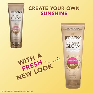 Jergens Natural Glow Self Tanner Body Lotion, Sunless Tanning, Medium to Deep Skin Tone, Daily Moisturizer with Coconut Oil, Vitamin E and Antioxidants, 7.5 Oz