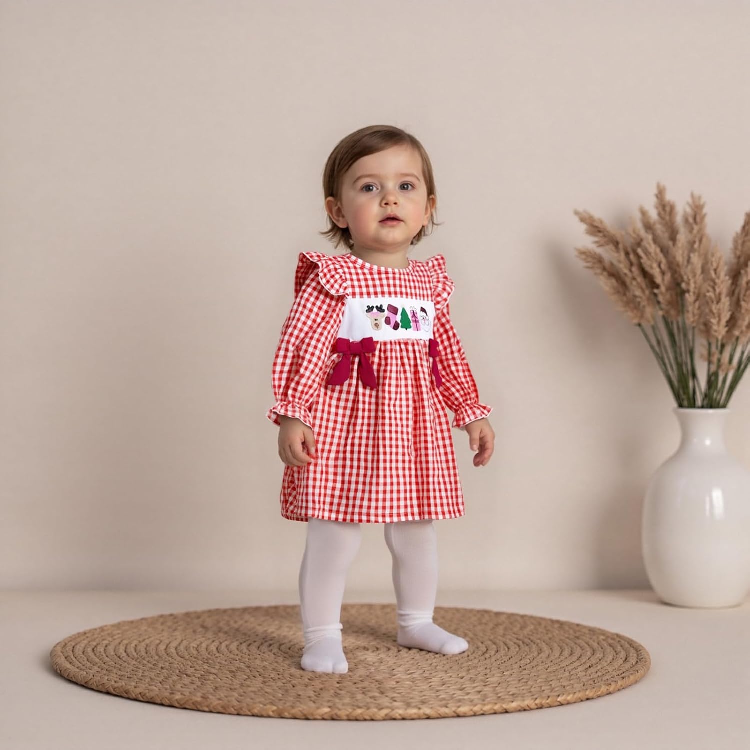 Toddler Baby Girl Christmas Outfit Smocked Dress Reindeer Santa Tree Gingham Plaid Dresses Kids Xmas Clothes - Image 3