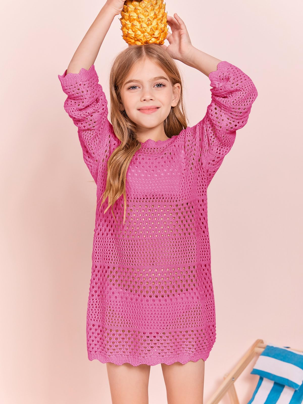 Batermoon Girls Crochet Long Sleeve Swimsuit Cover Up Kids Fashion Hollow Out Swimwear Beach Dress 5-14 Years