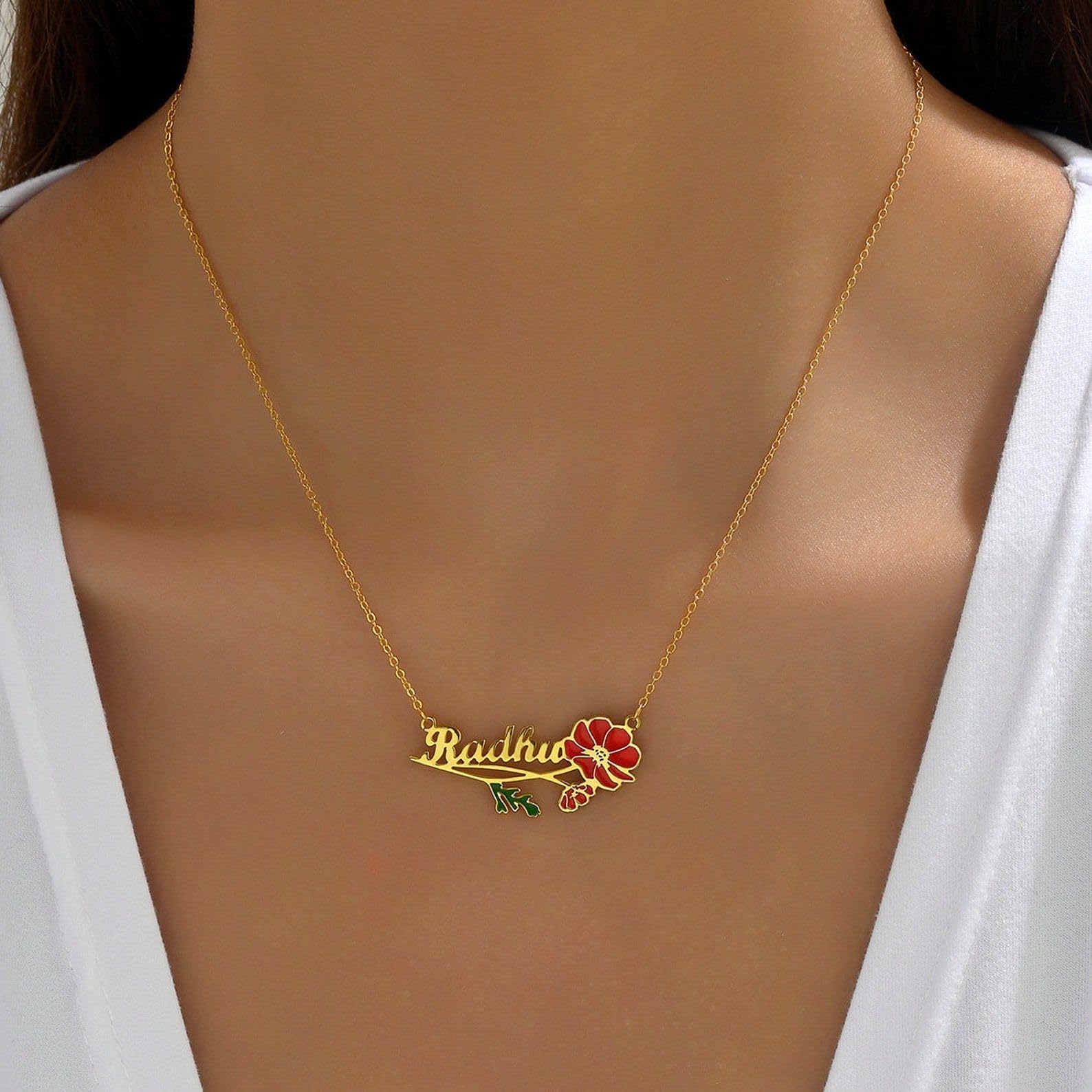 Fiore di nascita Nome Collana argento sterling 925 Floreale Nome Collana Orizzontale fiore variopinto Gioielli personalizzati Compleanno fatto a mano Anniversario