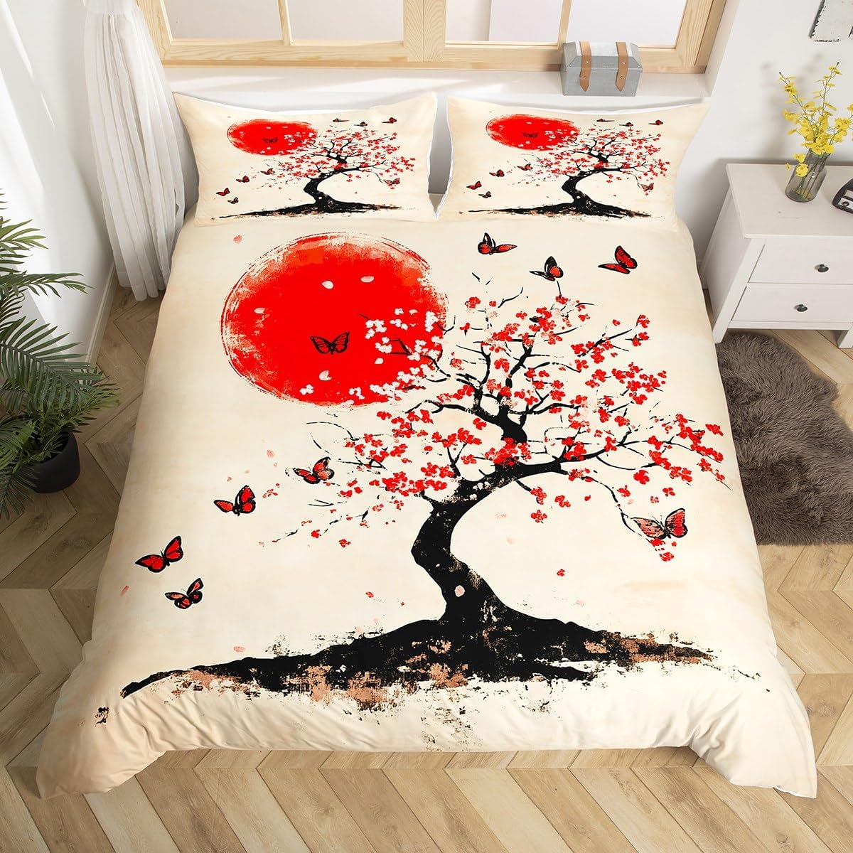 jejeloiu Japanese Style Duvet Cover for Kids Boys Girls Toddler Size Red Sun Bedding Set Ultra Soft Tree Butterfly Print Comforter Cover Set Floral Bedspread Cover Room Decor,No Comforter