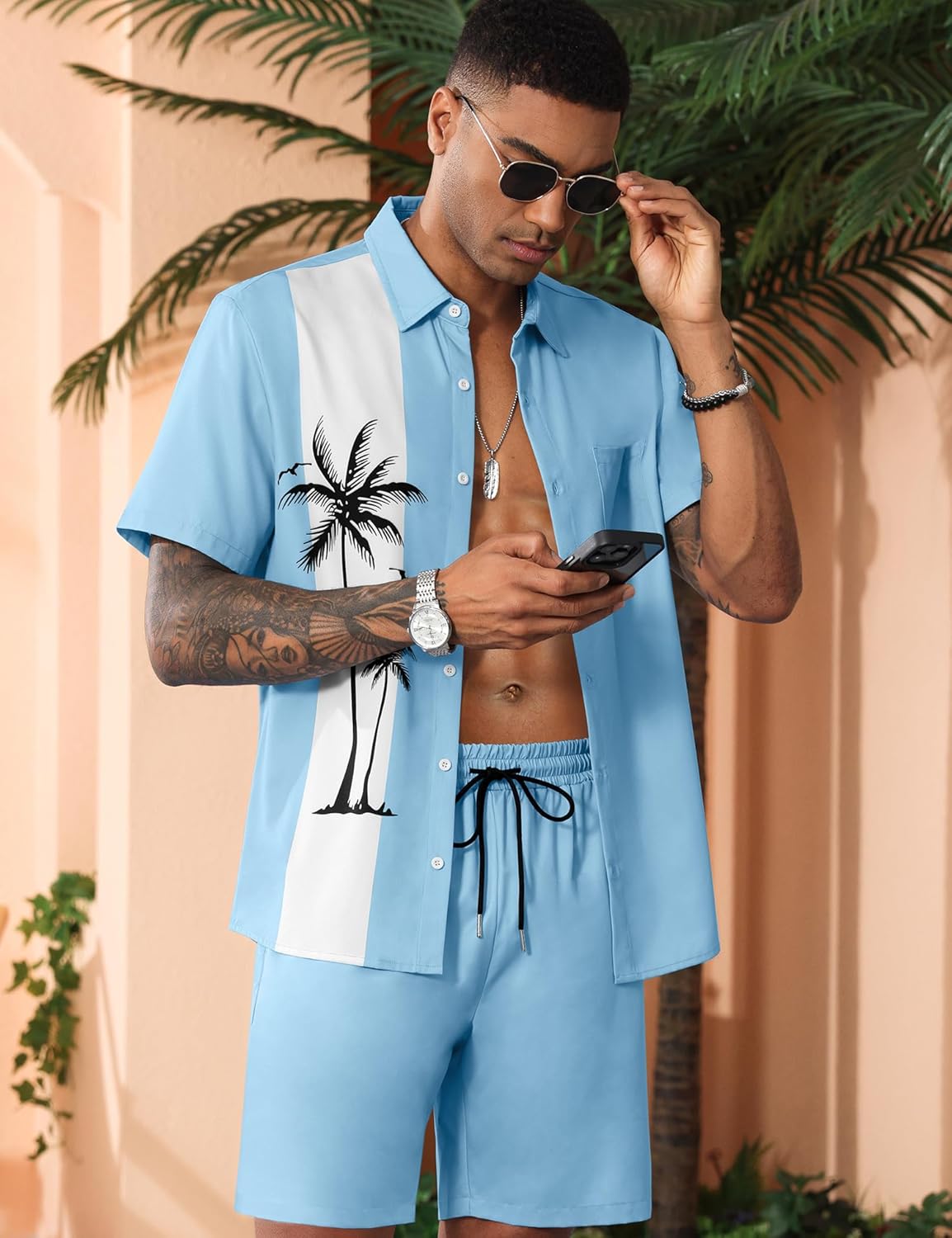 LecGee Men's Hawaiian Shirts Sets Button Down Coconut Tree Hawaiian Shirt Shorts 2 Piece Hawaiian Outfits - Image 2