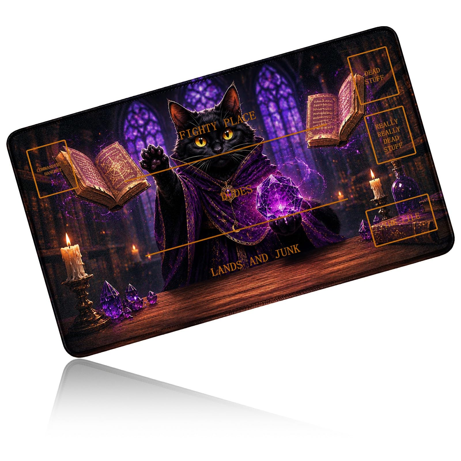 Dikoer for MTG/TCG Playmat w/Zones Commander Deck Mat, Purple Book Cat