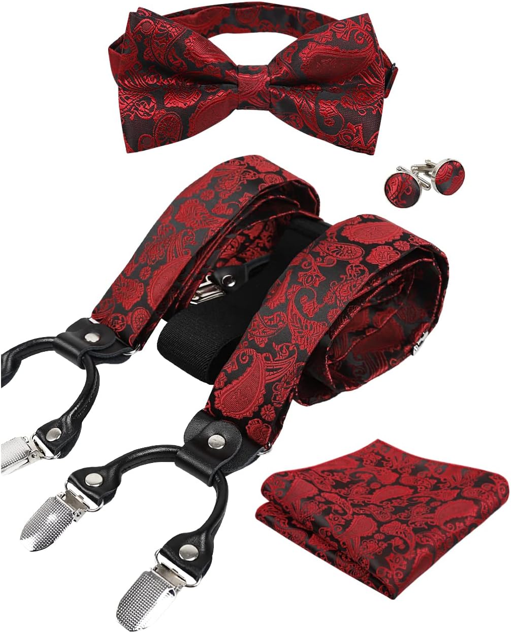 Alizeal Mens Paisley Suspender and Bow Tie, Hanky, Cufflinks