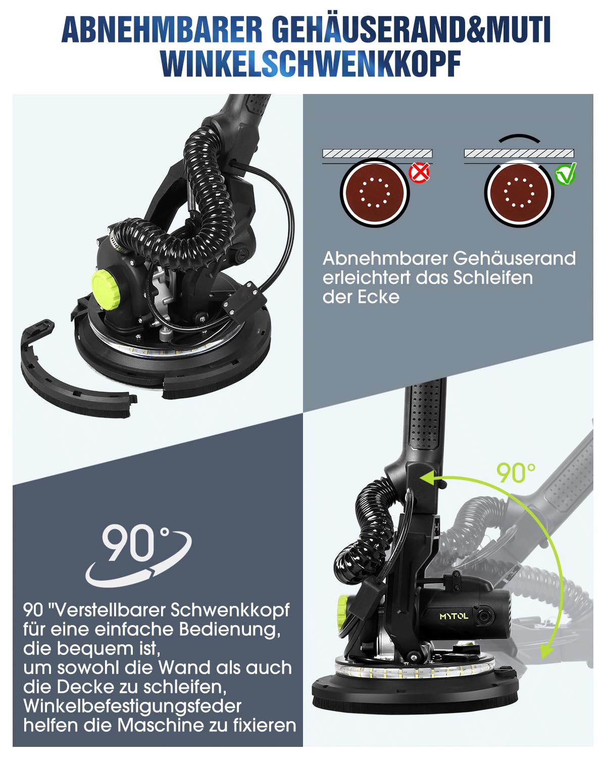 Trockenbauschleifer 900W, Wandschleifer & Deckenschleifer mit Absaugung, 1800 U/min, 6-Stufen Geschwindigkeit, Klappbarer Teleskopstiel, LED-Leuchte, inkl. 12 Schleifblättern