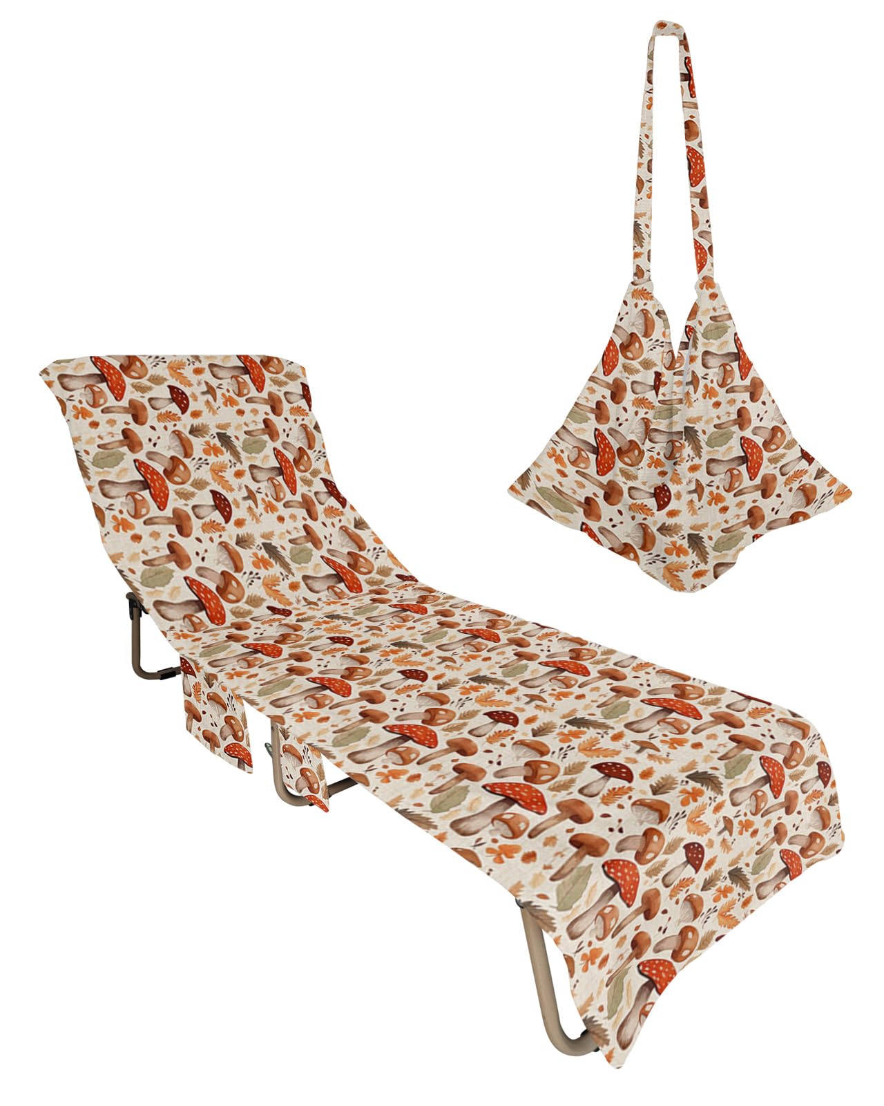Boho Mushroom, Beach Lounge Chair Towel Cover, Soft Chaise Lounge Towel with Side Pockets Patio Pool Chairs Cover for Beach/Pool Sunbathing 29x85 Retro Autumn Leaves Fall Forest Flower Herb