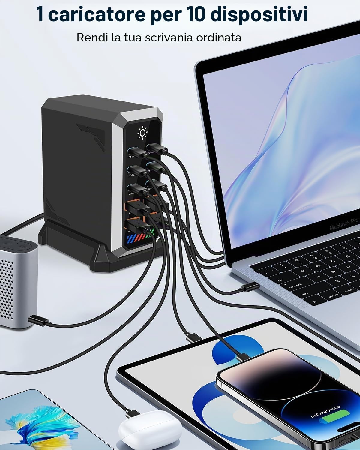 Gan Power - Caricatore USB C multiplo, 660 W, 10 porte, stazione di ricarica con 6 USB C + 4 porte USB A, per MacBook Air, iPad, iPhone 17/16/15/14, Galaxy S22 S20