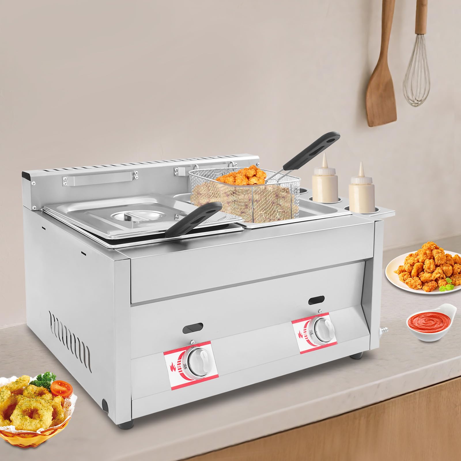 Friggitrice a gas a doppio vassoio, 2 x 6 l, in acciaio inox, con due cestini, regolazione della temperatura, rubinetto di scarico, portabicchieri, friggitrice commerciale, per snack, ristorante
