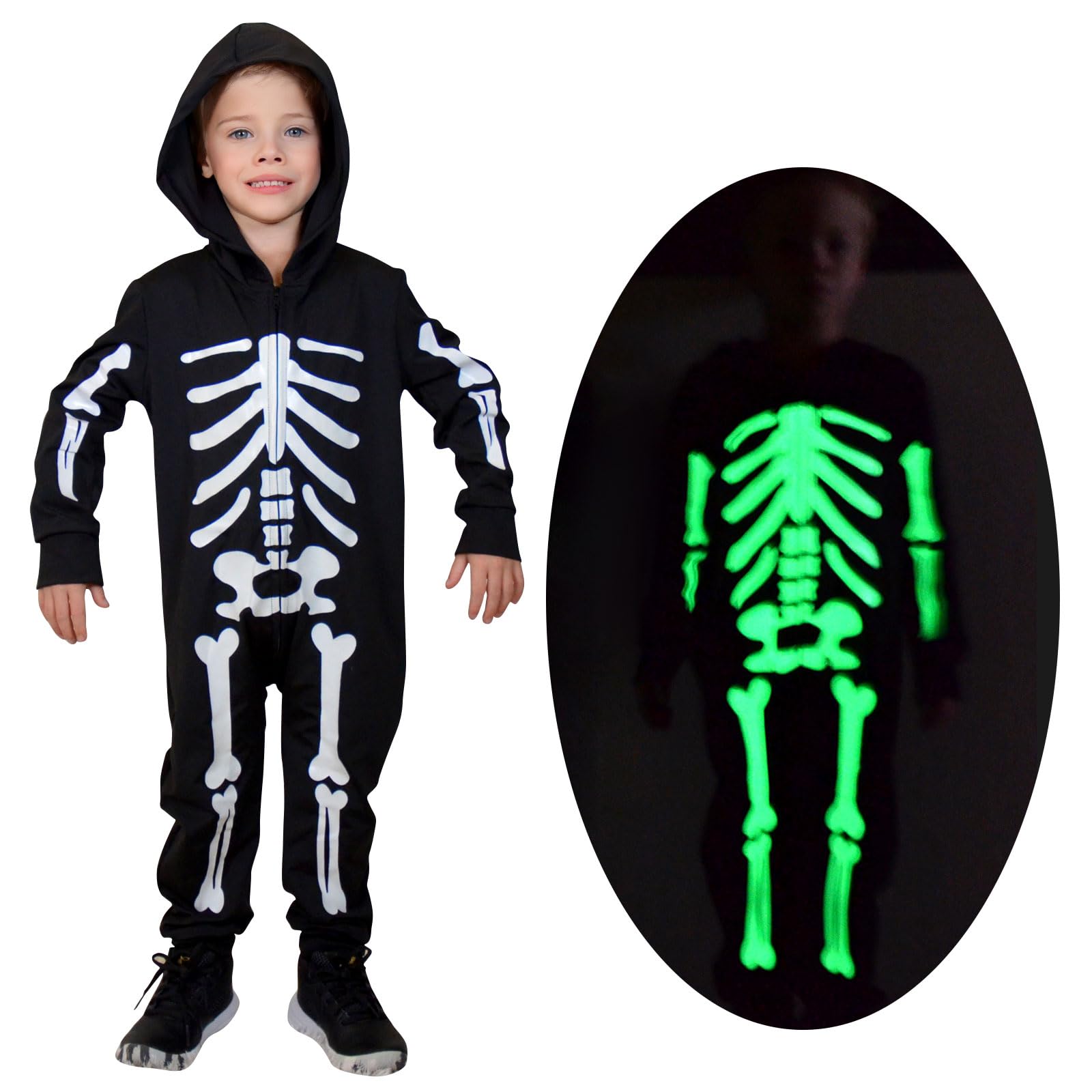 ACOCOPY Kids Skeleton Costume Glow in the Dark Halloween Bodysuit for Boys Girls 1-8T