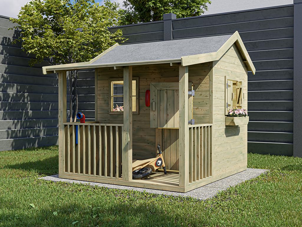 Spielhaus Saloon KDI | 169x183x178 cm | Kesseldruckimprägniert | Mit Veranda, Fußboden & 3 Fenstern | Inkl. Blumenkästen | Kinder Spielhaus