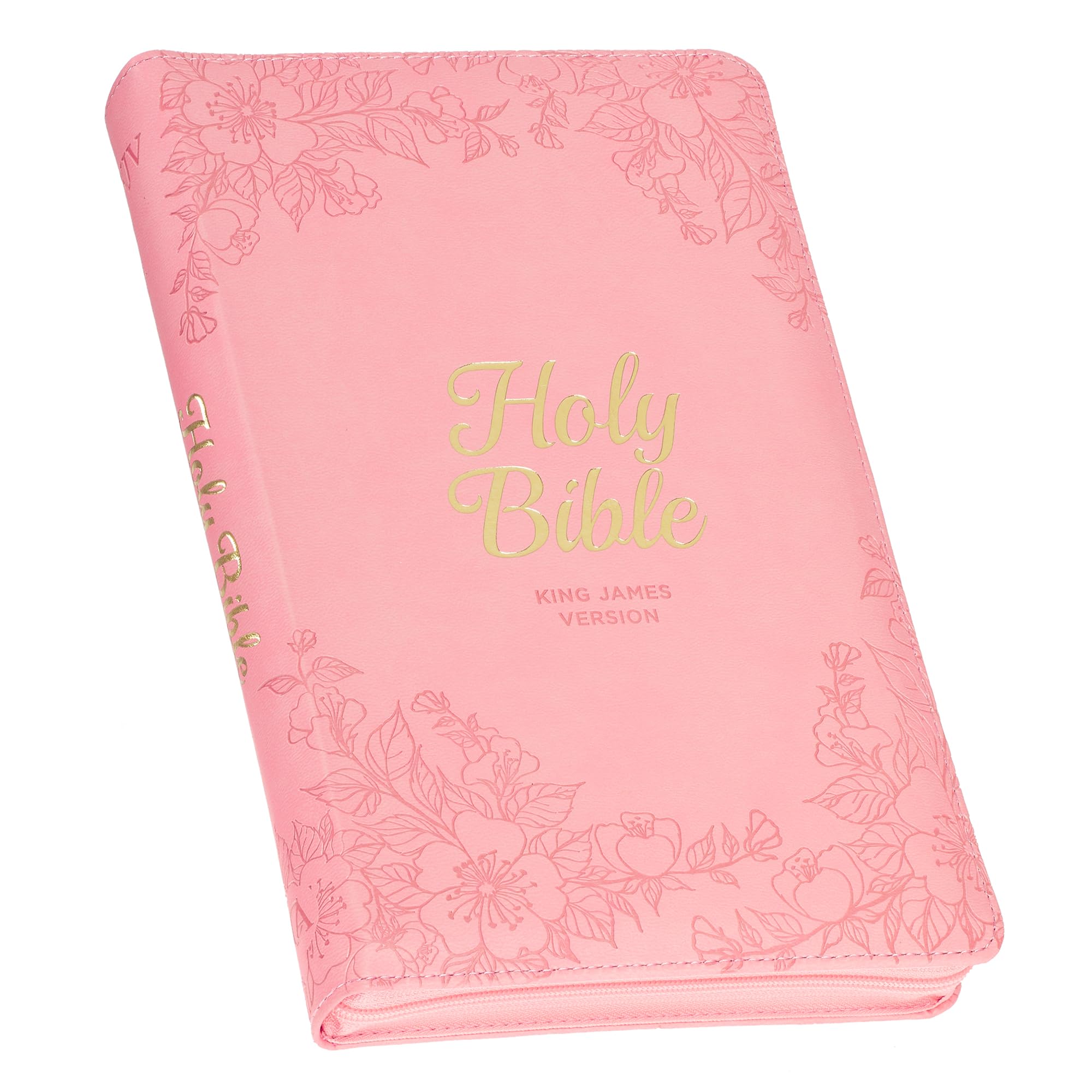 KJV Holy Bible, Standard Size Faux Leather Red Letter Edition - Thumb Index & Ribbon Marker, King James Version, Pink Floral Zipper Closure