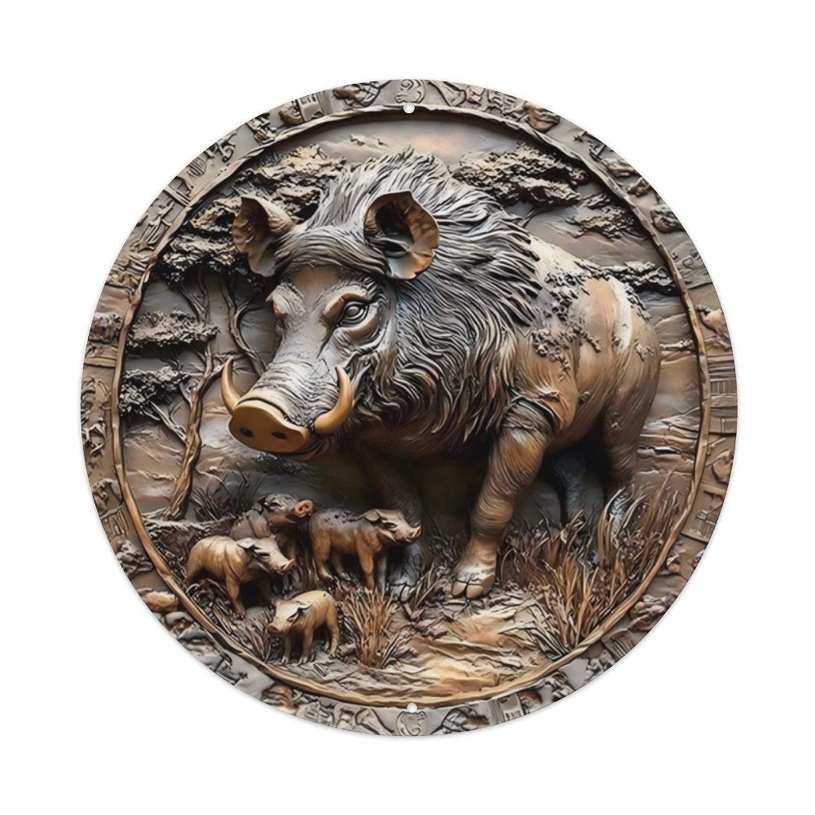 Wild Boar & Piglets Forest Bronze Texture Round Metal Sign Vintage Aluminium Metal Sign, Retro Wall Decor for Home, Bar, Garage & Farmhouse 20x20cm