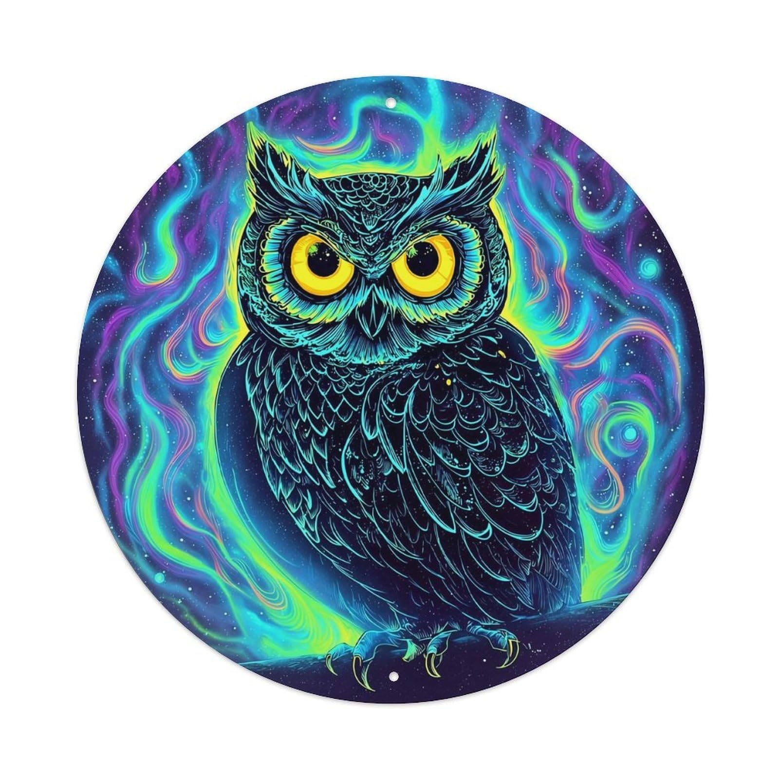 Neon Owl Cosmic Art Print Vintage Metal Tin Sign Retro Wall Decor for Home Bar Garage Cafe, Indoor & Outdoor Decorative，circle Metal Poster, 8x8 Inch