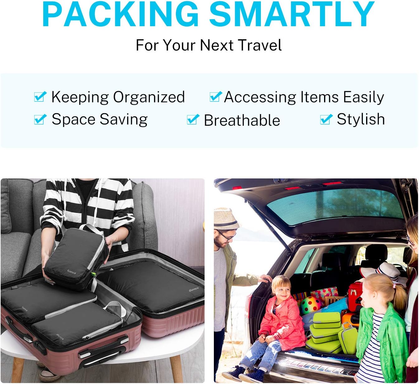  | Gonex Compression Packing Cubes, 4pcs Expandable Storage Travel Luggage Bags Organizers(Black) | Packing Organizers