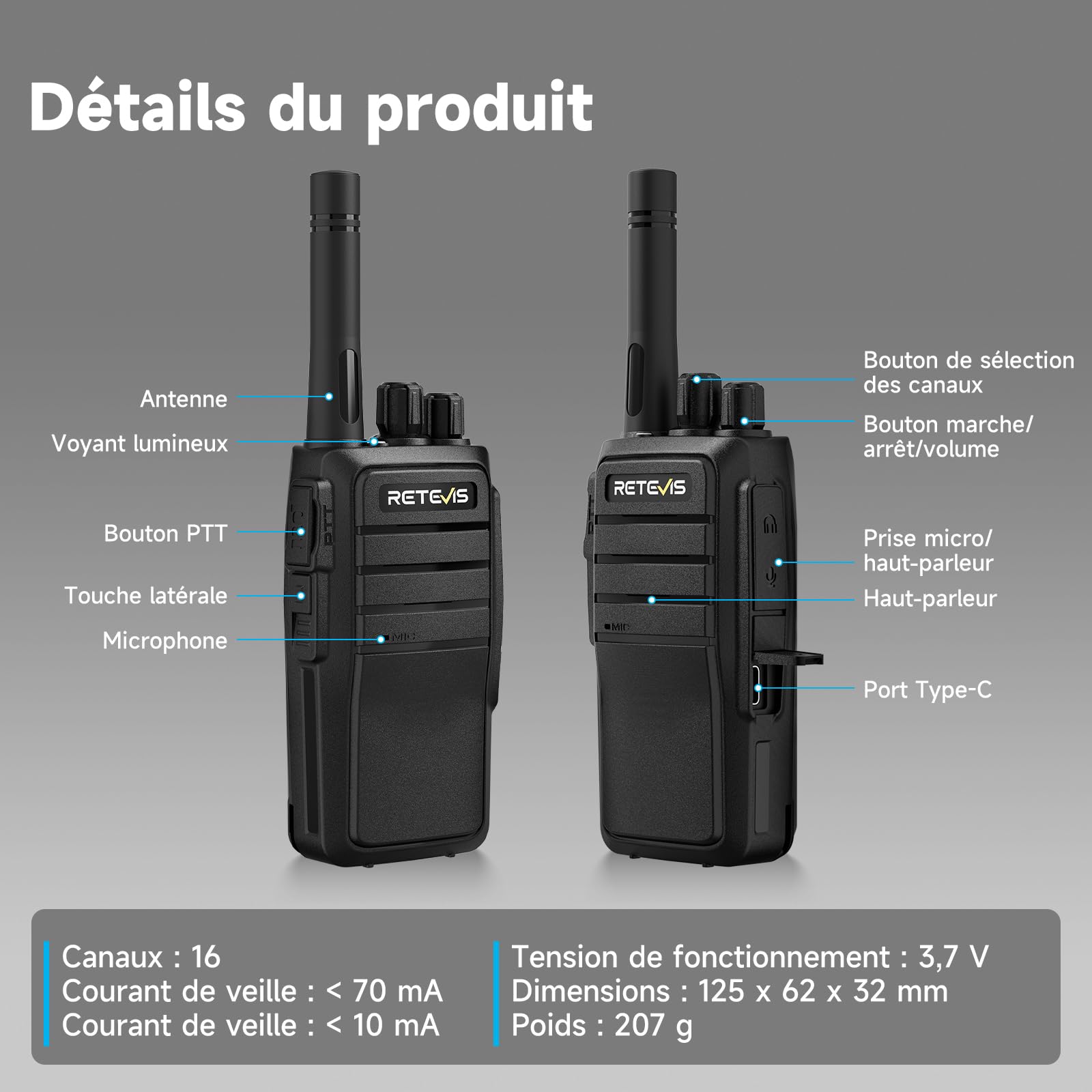 Retevis RT21 Walkie Talkie Portátil, Radio Bidireccional de 16 Canales con Base VOX o Carga Tipo C, 1200 mAh, Recargable para Planificación de Festivales, Comunicación de Seguridad (Negro, 4 Piezas)