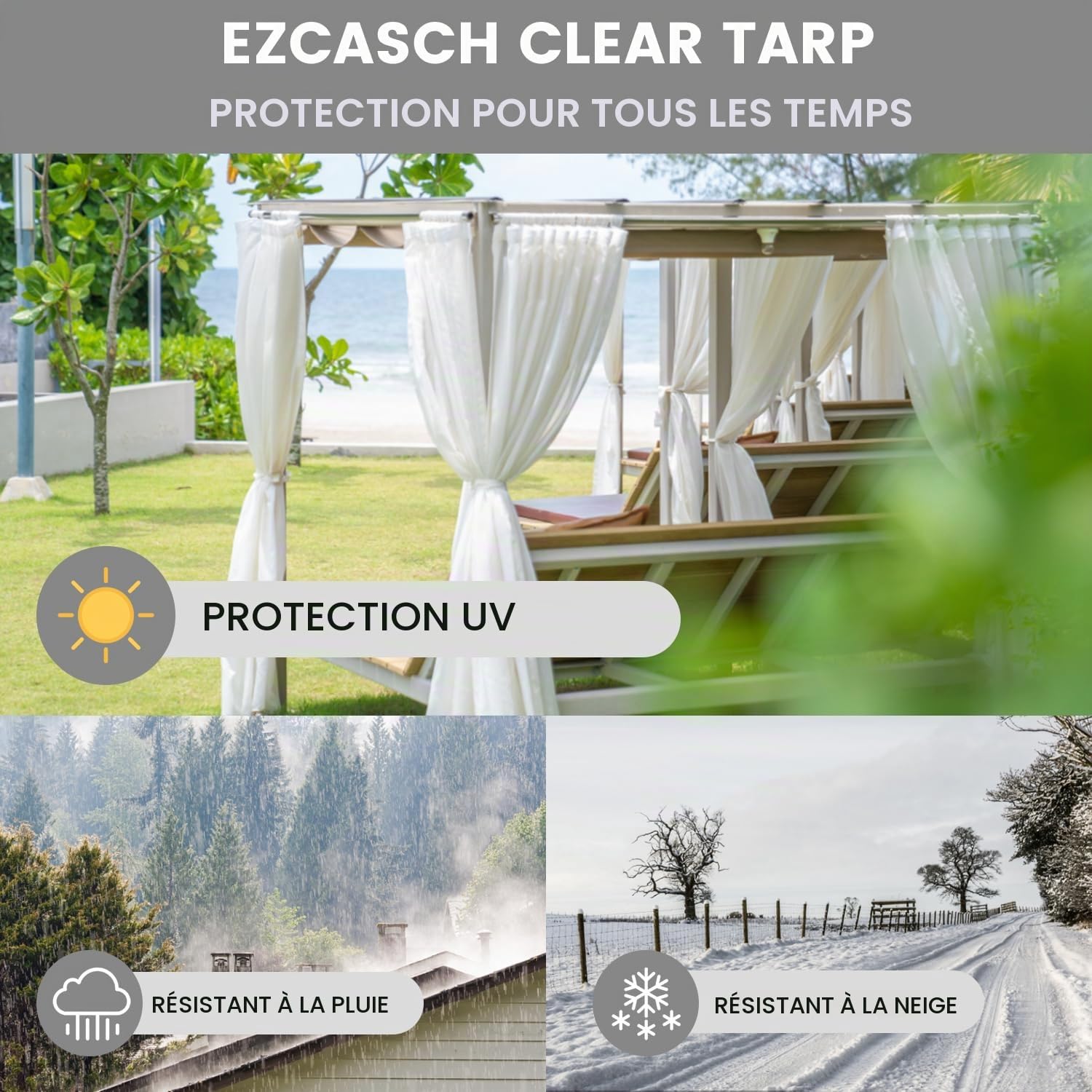 2x2.5m Bâche Transparente Imperméable avec Fermeture éclair, 0.45mm Bache Transparente Exterieur, 450g/m² Bache Etanche au Pluie pour Pergola, Terrasse (Hauteur x Largeur, Gris)