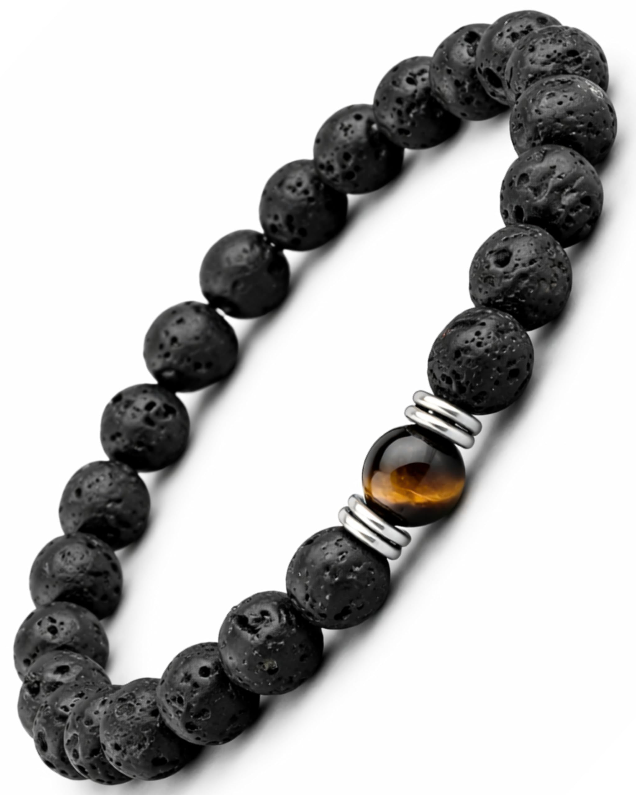 9 - O`Clock Perlenarmband Herren Lavastein Naturstein 8mm – Elastisches Männerarmband Schwarz Braun – Handgefertigt in Deutschland – Maskuliner Herrenschmuck – Geschenk für Männer