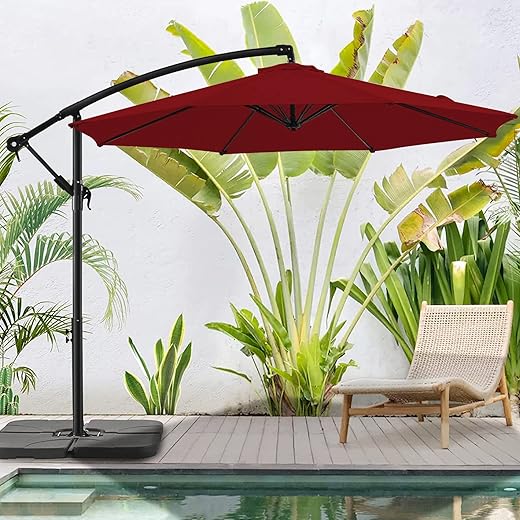 BLUU BANYAN 10 FT Patio Offset Umbrella Outdoor Cantilever Umbrella Hanging Umbrellas, 24 Month Fade Resistance & Water-repellent UV Protection Solution-dyed Fabric Canopy with Infinite Tilt, Crank & Cross Base (Burgundy)