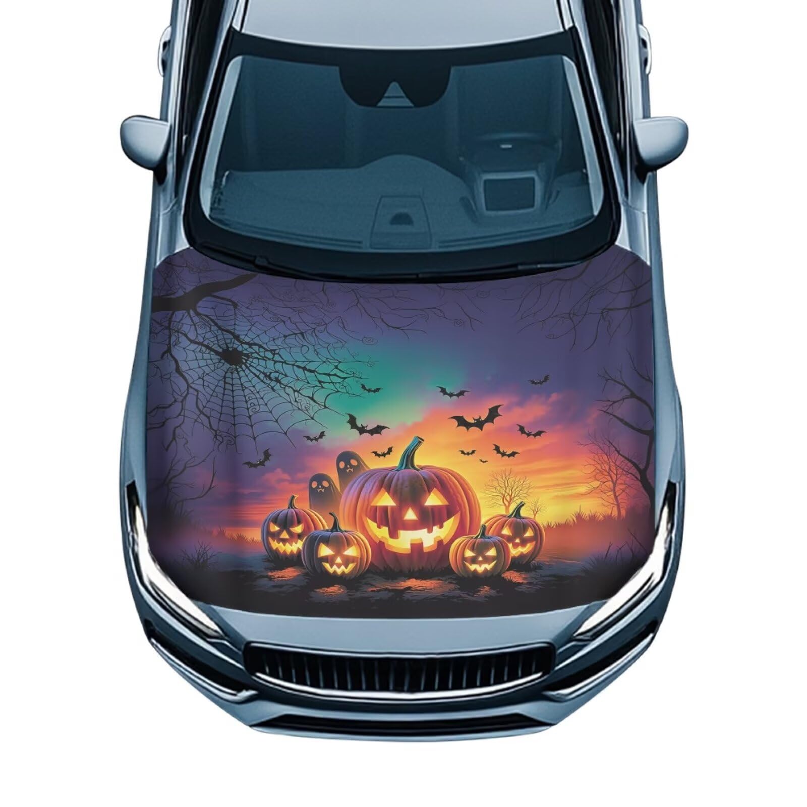 Pumpkin Ghost Halloween Print Car Hood Cover Protector 59×39 Inch Stretchable Auto Hood Wraps Waterproof Halloween Automotive Exterior Accessories for Most SUV Sedans Trucks