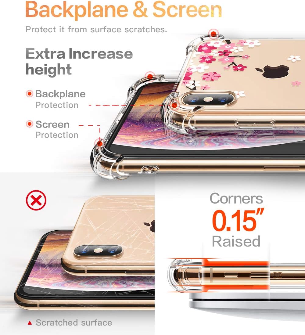 GVIEWIN Compatible with iPhone Xs Max Case, Clear Flower Pattern Design Soft & Flexible TPU Ultra-Thin Shockproof Transparent Floral Women Cover, Xs Max Phone Case 6.5 Inch 2018 (Peach Blossom/Pink)