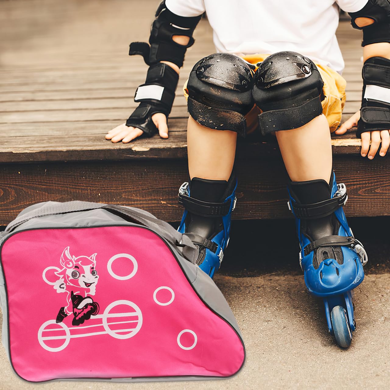 LIOOBO Bolsa para patines de hielo impresa para patines de hielo, bolsa de almacenamiento portátil, correa ajustable, patines en línea para niños y adultos (rosa)