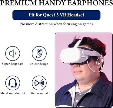 GEEKRIA VR Headset Audio Cable Compatible with Meta Quest 3, Short Earbuds with S/M/L Size Ear Tips, 3.5 mm Aux 360 Degree Sound Earphone (Silver)