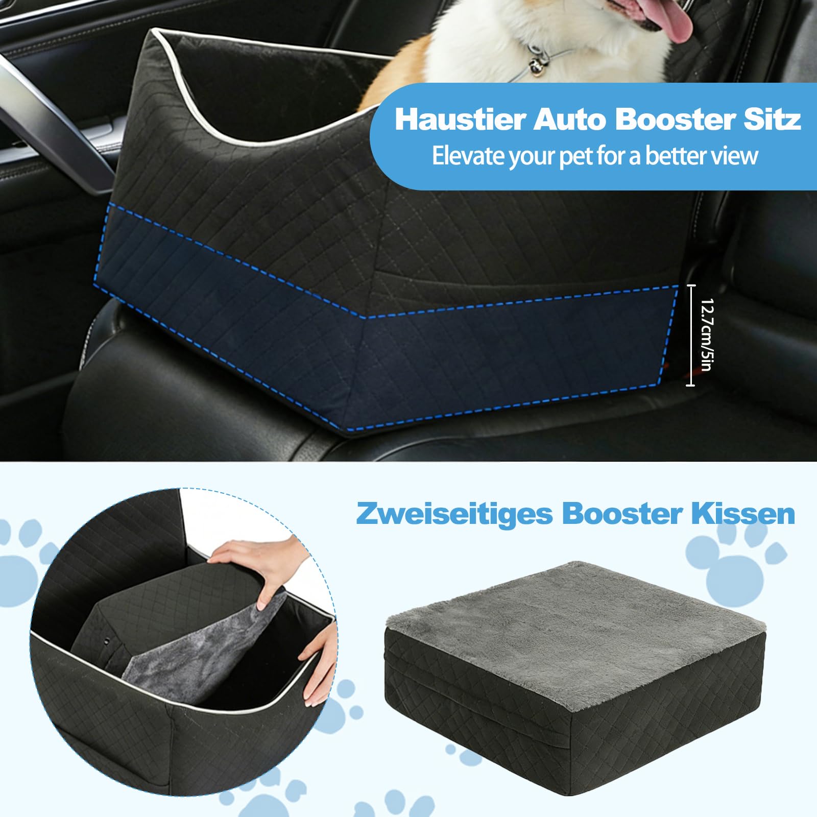 Asiento de Coche para Perros pequeños y medianos con Acolchado Grueso, Asiento Elevado para Perros de Menos de 15 kg, Asiento de Viaje para Perros extraíble y Lavable con 2 Cinturones de Seguridad