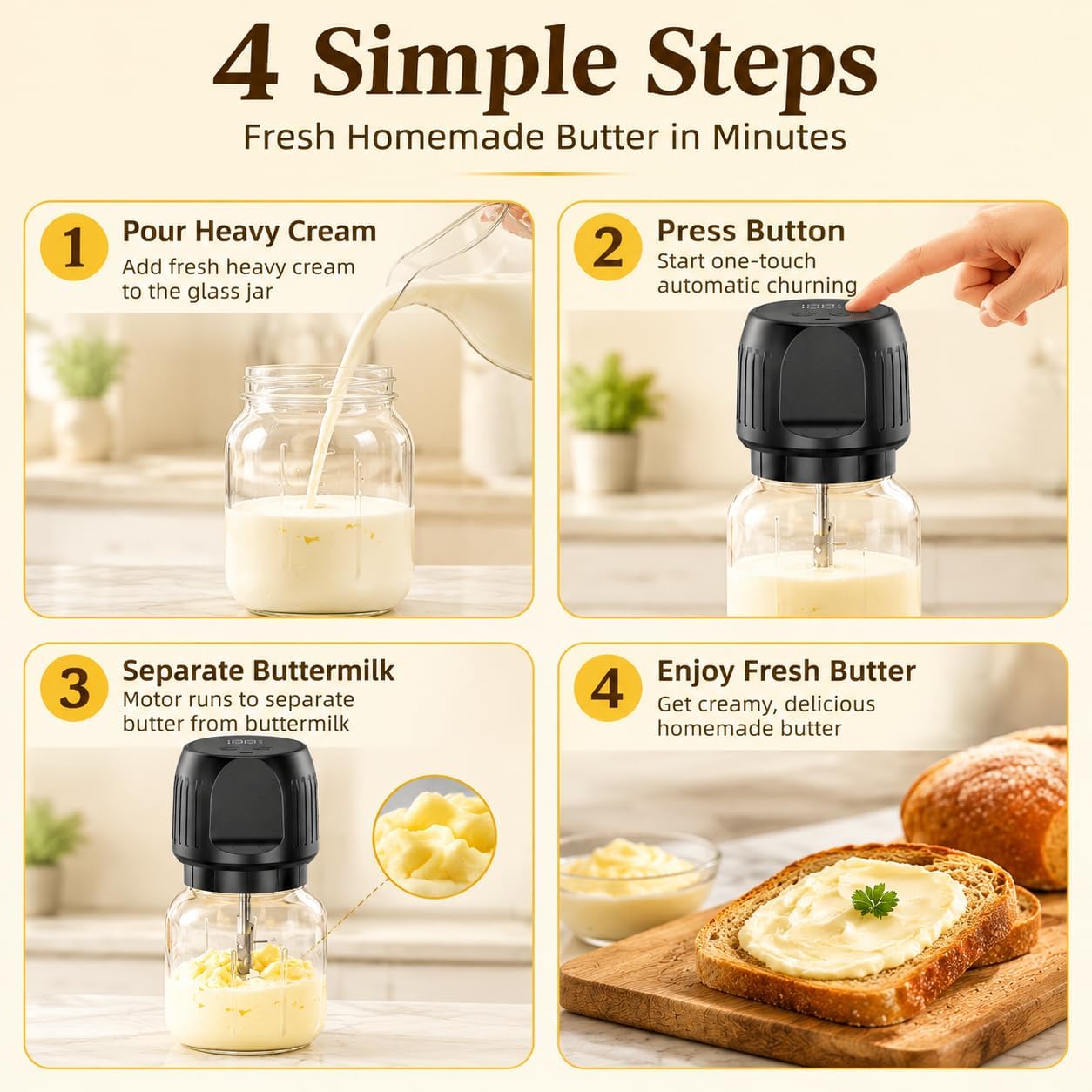 Electric Butter Maker, One-Touch Butter Churner with 34oz Glass Jar