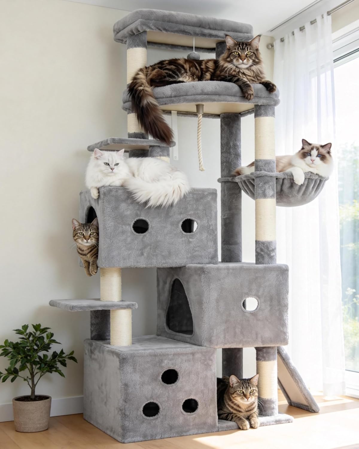 Heybly Cat Tree, 74-Inch Streamlined Cat Tower for Large Cats with 3-Tier Stacked Condos, Cat Furniture with Large Perch, Sturdy Base, Full Sisal Scratching Posts & Ramp, Light Gray HCT061W