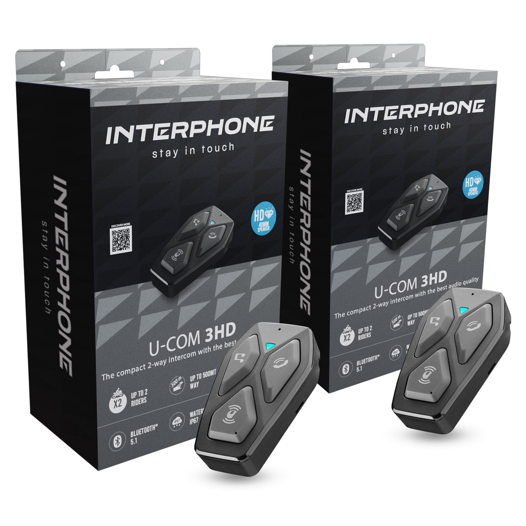 Interphone U-COM 3HD Doble, 2 interfonos Moto de Grupo para 4 usuarios hasta 500 m, intercomunicadores Casco Bluetooth 5.1 con Auriculares HD 40 mm para música, Llamadas y GPS, autonomía 10 h e