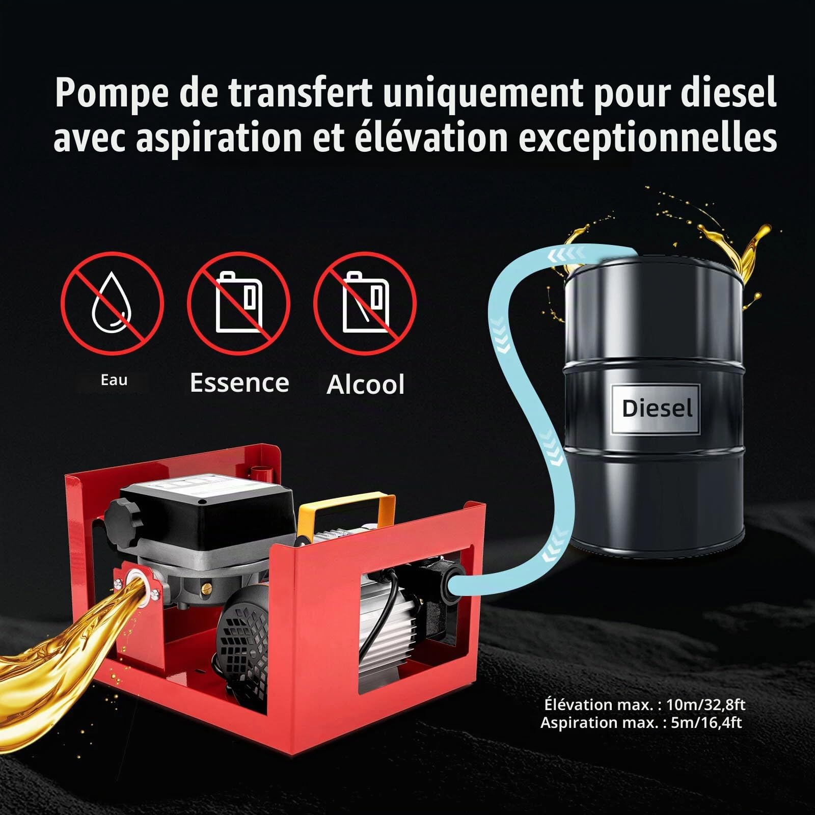 Pompe Diesel Automatique 60 L/min, Pompe Gasoil Électrique 220 V, Gasoil Electrique pour Transfert 2800 rpm, Pompes à Carburant Auto-Aspirant avec Débitmètre, pour Voitures, Camions-Citernes